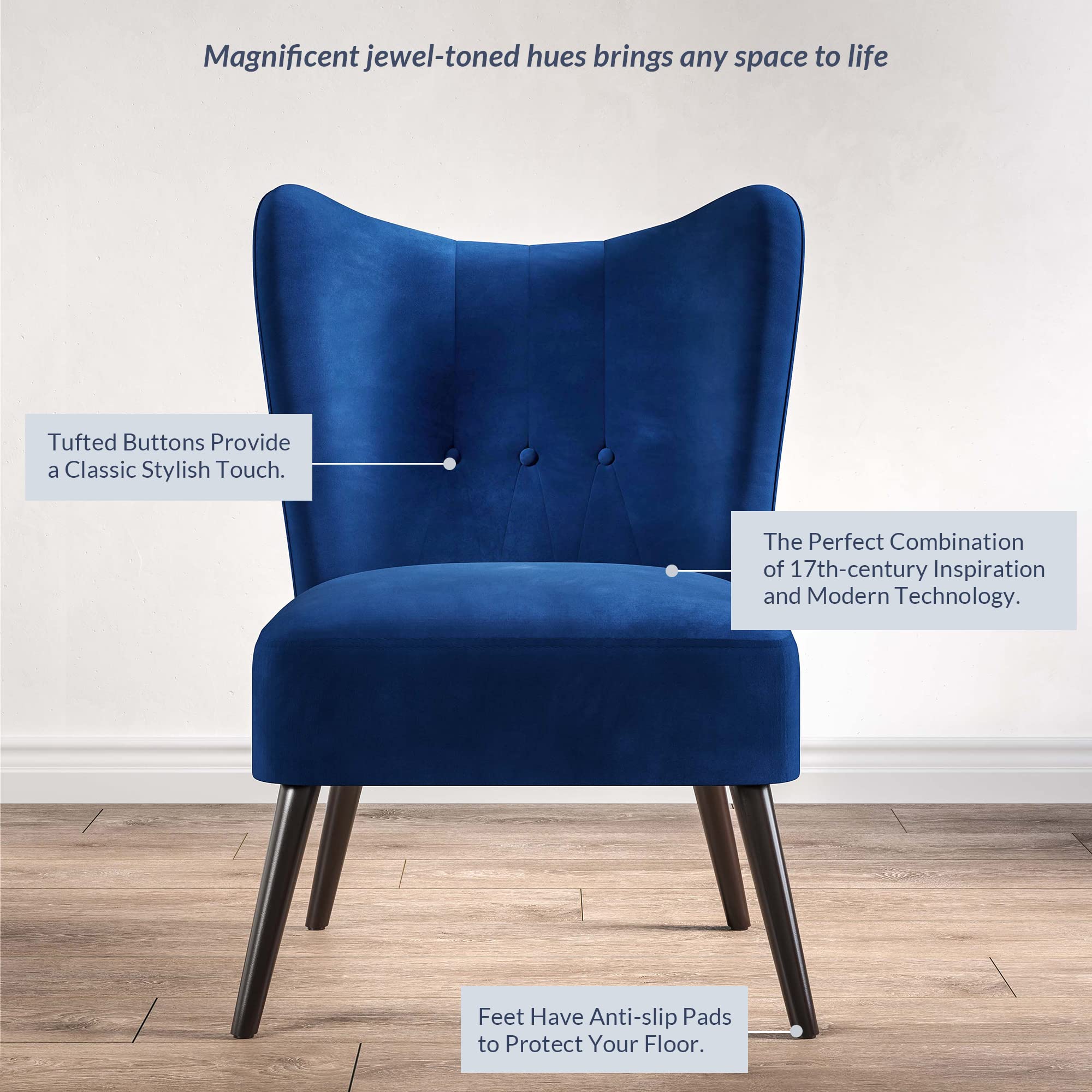 BELLEZE Modern Velvet Accent Chair - Wingback Upholstered Reading Chair with Solid Wood Legs, Tufted Button Armless Corner Chair for Living Room, Bedroom, Office - Sheila (Blue) | Perfect for Small Spaces, Reading Nooks & Cozy Home Decor
