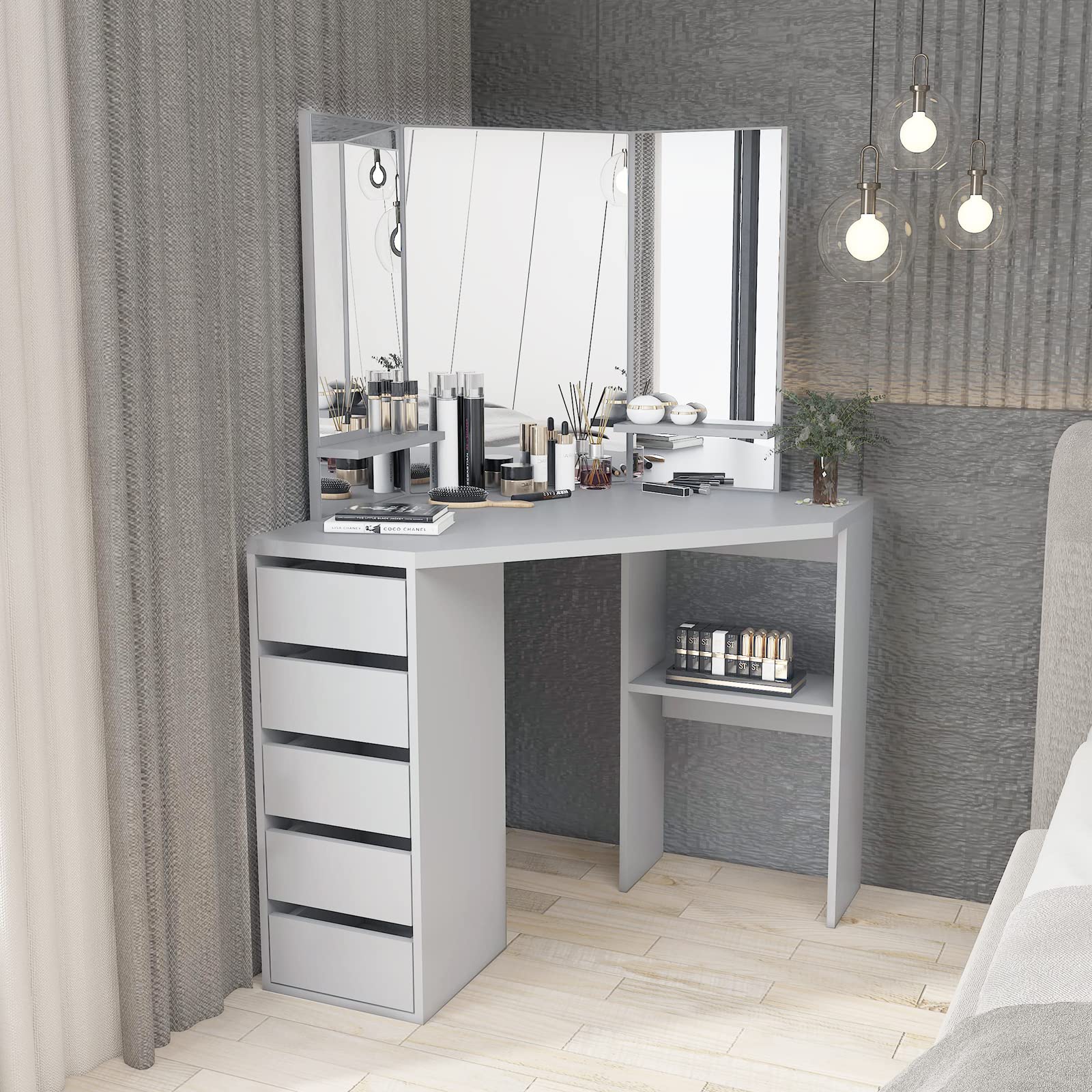 Corner Vanity Table with Mirror - Makeup Dressing Desk with 5 Drawers & Counter Space for Bedroom, Dressing Room - Perfect for Makeup Application, Jewelry Storage & Home Organization