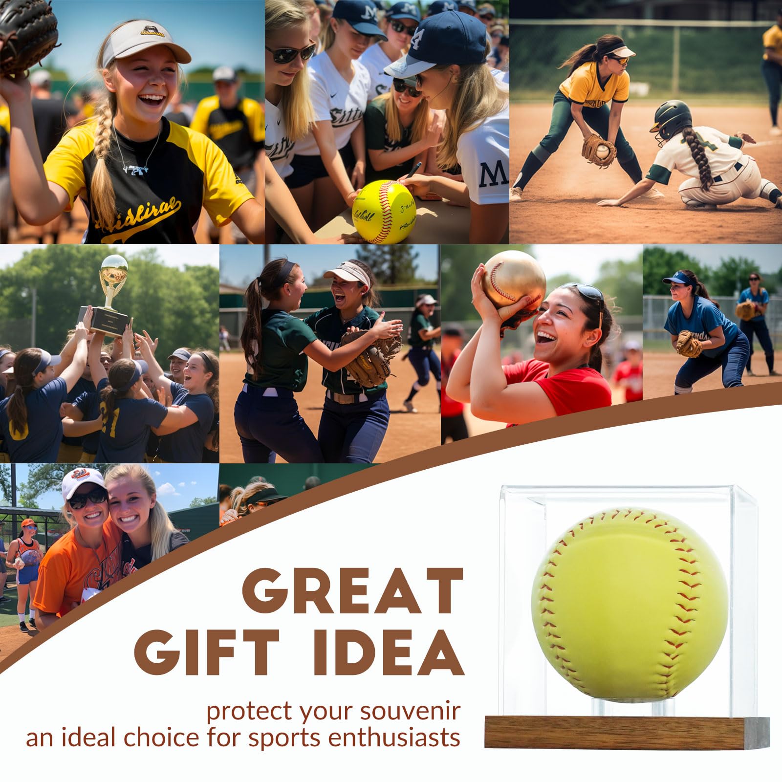 JupDec Clear Acrylic Softball Display Case with Wood Base - UV Protected Championship Ball Holder for Sports Memorabilia Collections - Perfect for Trophy Rooms, Man Caves, and Baseball Fan Gifts