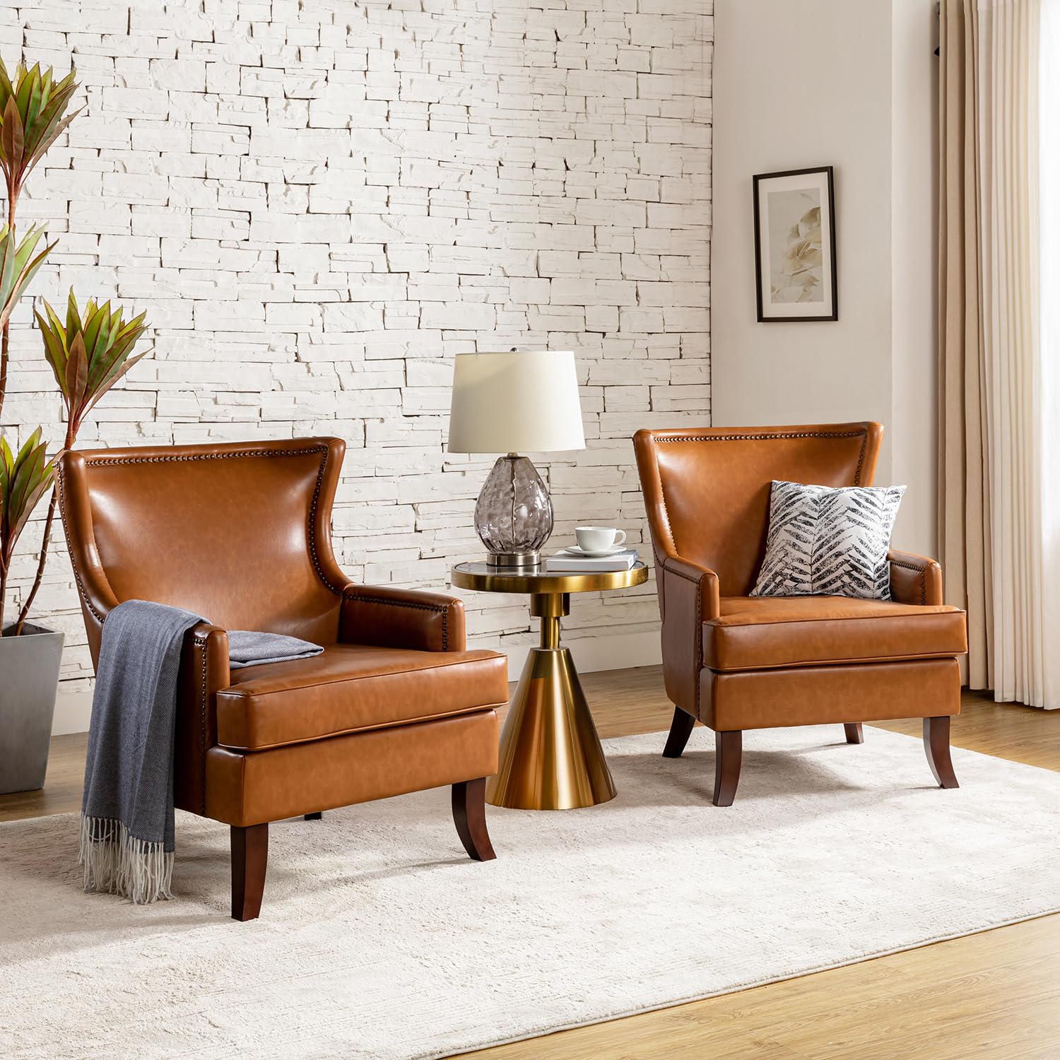 Modern Faux Leather Accent Chairs Set of 2 - Wingback Armchairs with Nailhead Trim & Wooden Legs for Living Room, Bedroom, Office - Brown PU Leather Upholstered Sofa Chairs | Perfect for Reading Nook, Guest Seating & Home Decor