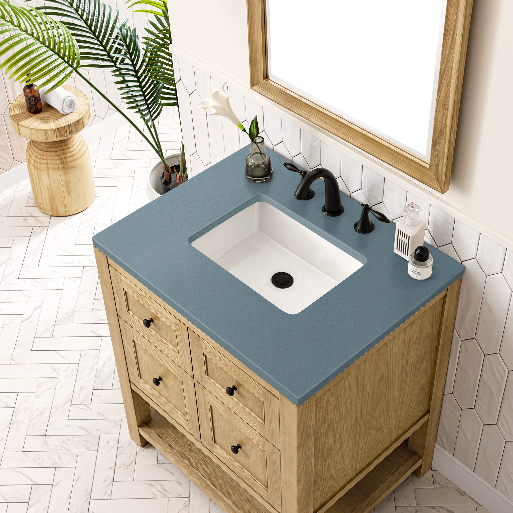 Breckenridge 30-Inch Single Bathroom Vanity in Light Natural Oak with 3CM Cala Blue Quartz Countertop - Perfect for Modern Master Bathrooms & Guest Powder Rooms