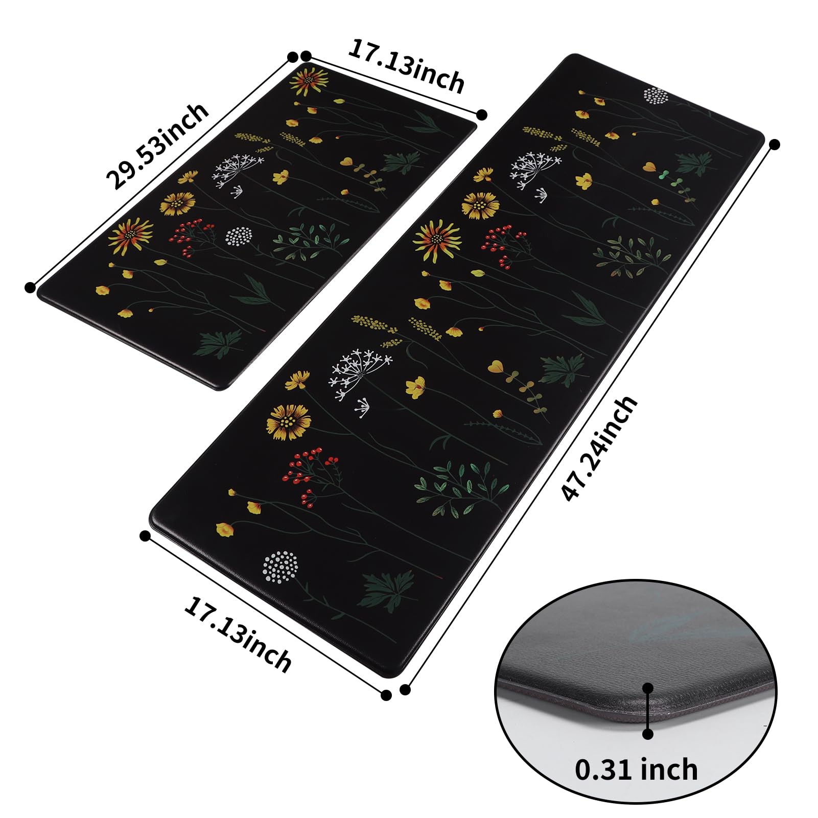 Rempry Non-Slip Kitchen Mat Set - 2 PCS Floral Anti-Fatigue Rugs for Cooking & Cleaning