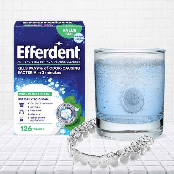Efferdent Retainer & Denture Cleaning Tablets - 90 Count (Pack of 5) | Minty Fresh Dental Appliance Cleaner for Braces, Night Guards & Aligners | Dentist Recommended for Daily Use at Home or Travel
