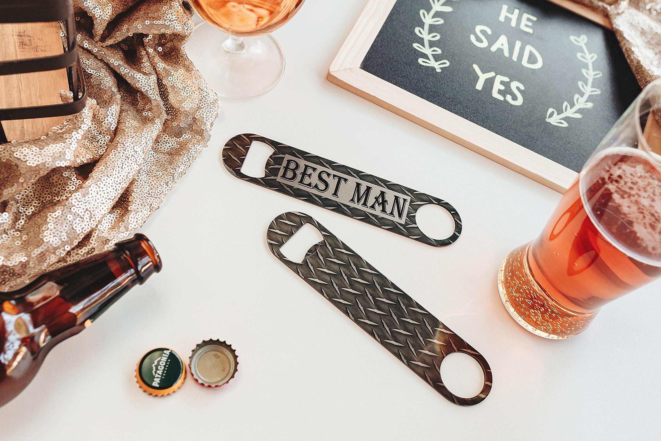 Premium Metal Bottle Opener - Unique Groomsmen & Best Man Proposal Gift for Weddings - Engraved Diamond Plate Design by Daisy Lane - Perfect for Bachelor Parties, Wedding Receptions & Man Cave Decor