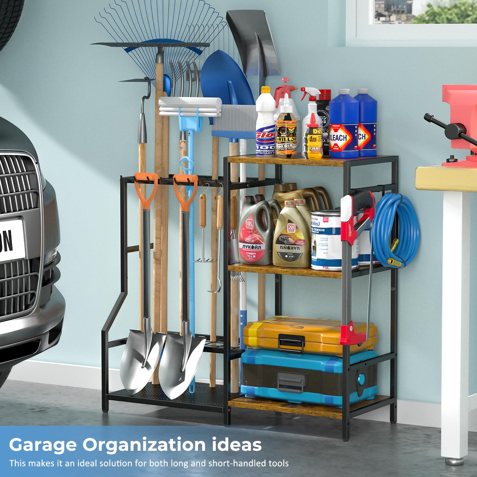 DAOUTIME 3-Tier Metal Garden Tool Organizer with 2 Hooks - Heavy Duty Steel Yard Tool Storage Rack for Garage, Shed & Home - Holds Up to 21 Long-Handled Tools (Black) - Perfect for Organizing Shovels, Rakes & Gardening Equipment