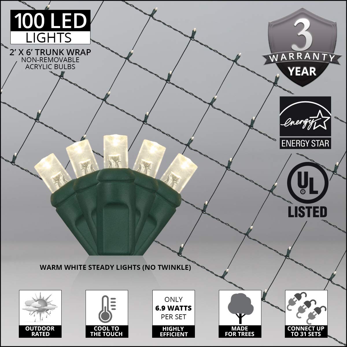 LED Tree Trunk Wrap Lights - 100 Warm White Christmas Lights with 2' x 6' Green Wire Net for Outdoor Holiday Decor | Perfect for Wrapping Trees, Porch Columns & Yard Decorations