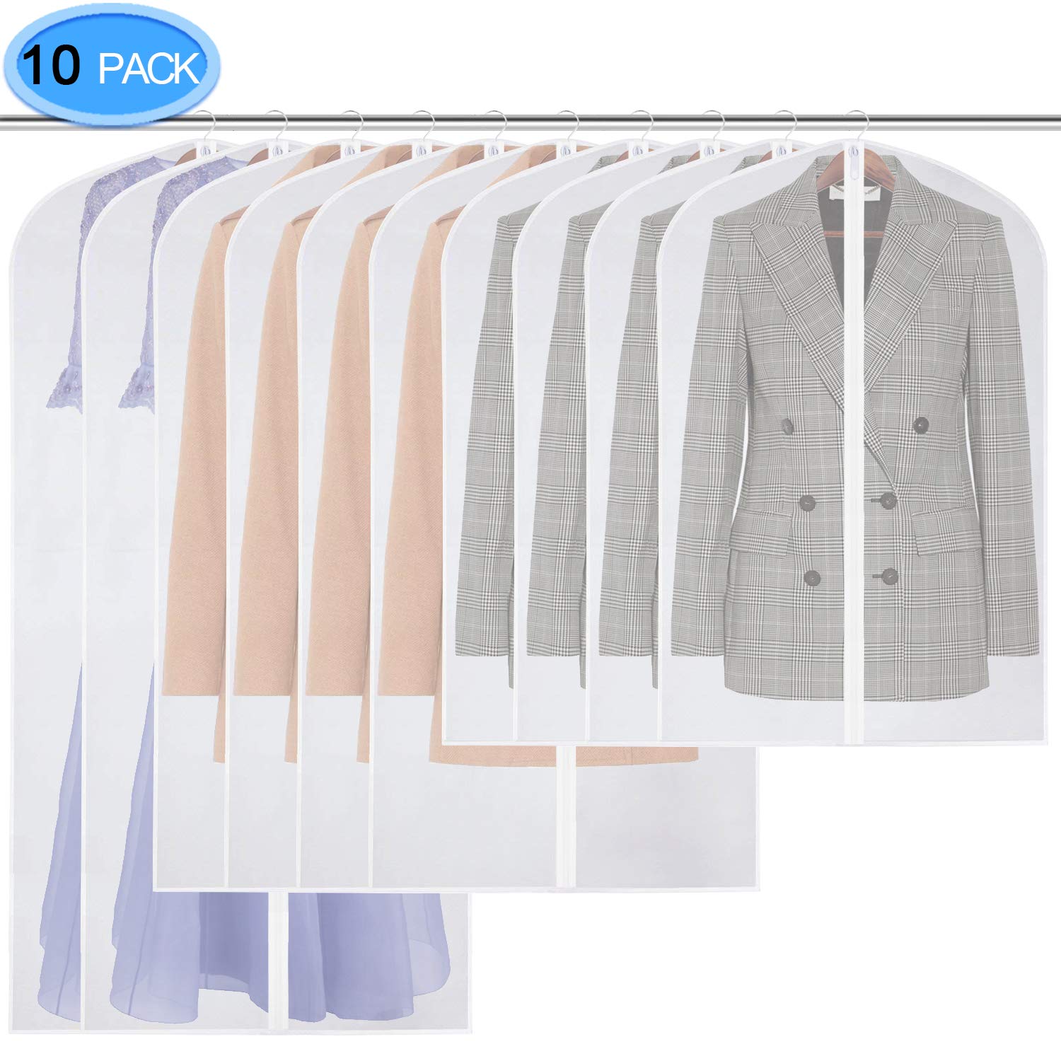 10 Pack Lightweight Clear Hanging Garment Bags with Full Zipper - Dust-Proof Suit Covers for Closet Storage & Travel | Perfect for Suits, Dresses, Coats & Seasonal Clothing Protection