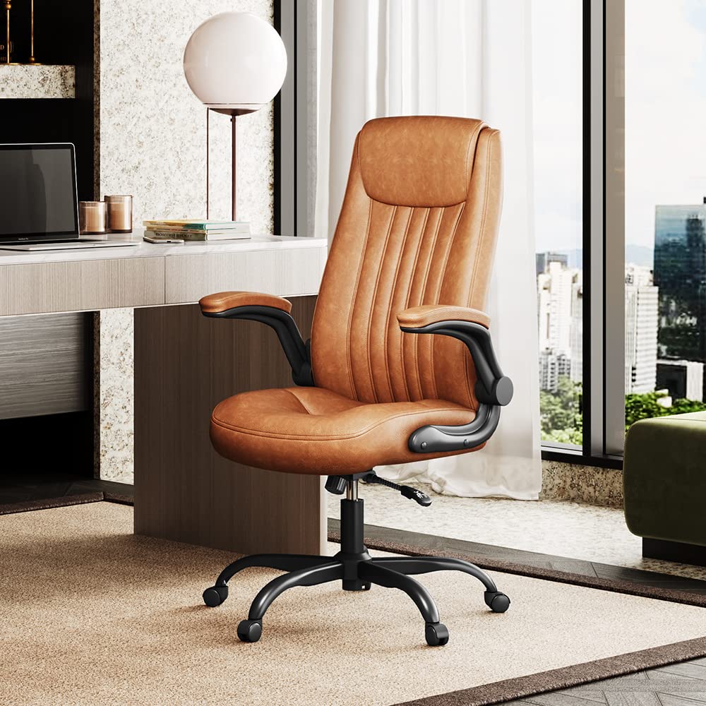 DEVAISE Ergonomic Office Chair - High Back Computer Desk Chair with Adjustable Flip-up Armrests, Lumbar Support & Thick Headrest - Executive Swivel Task Chair for Home & Office (Brown) - Perfect for Long Work Hours, Gaming & Remote Work