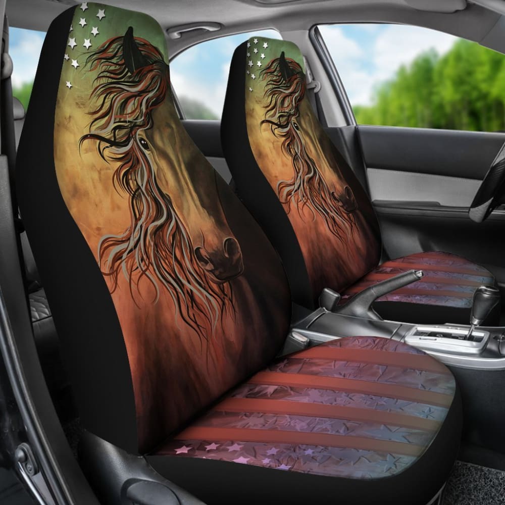 Abstract Horse USA Flag Universal Front Seat Covers - Durable Car Seat Protectors for Trucks & SUVs - Stylish Vehicle Interior Decoration for Patriotic Americans