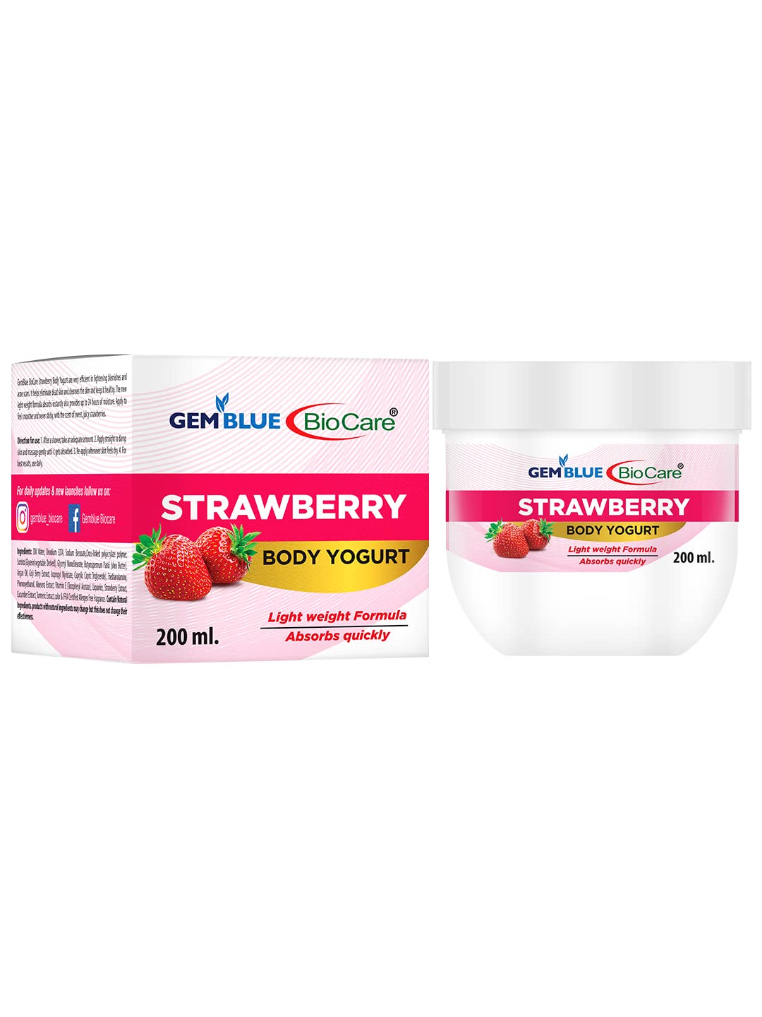 Gemblue Biocare Strawberry Body Yogurt Cream - 200ml | Deep Moisturizing & Nourishing Body Lotion for Dry, Dull Skin | Hydrating & Brightening Formula | Refreshing Strawberry Scent | Perfect for Daily Skincare Routine, Post-Shower Hydration & Spa Day Self-Care (Pack of 1)