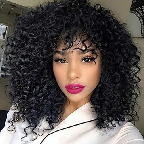 DIGAO Short Curly Afro Wigs for Black Women - Synthetic Kinky Curly Hair Wig with Bangs - Natural Black Color - Perfect for Cosplay, Parties & Daily Wear
