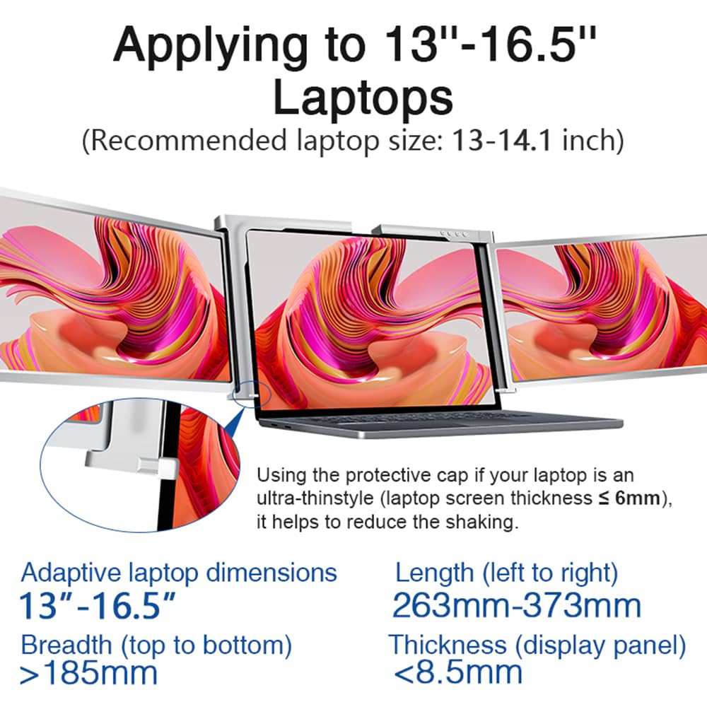 12 Inch Portable Triple Monitor for Laptop - FHD Expansion Screen with 1 Cable for 2 Displays - Compatible with Windows & MacOS for 13.3-16.5 Inch Laptops - Perfect for Work, Gaming & Multitasking