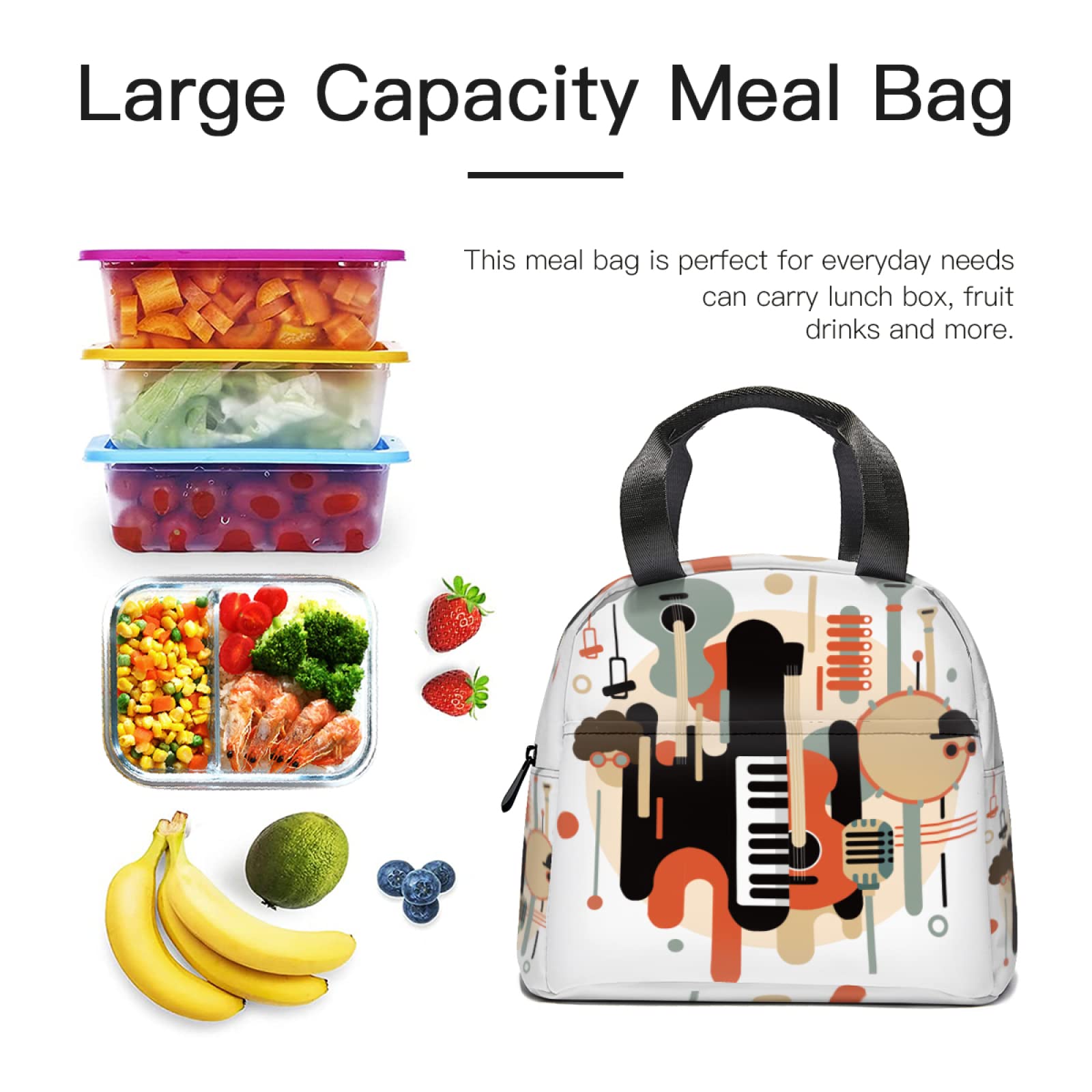 Vintage Musical Instrument Print Lunch Tote Bag - Insulated Reusable Lunch Box with Front Pocket for Women & Men | Perfect for School, Office, Picnic & Music Lovers (Piano, Guitar Design)