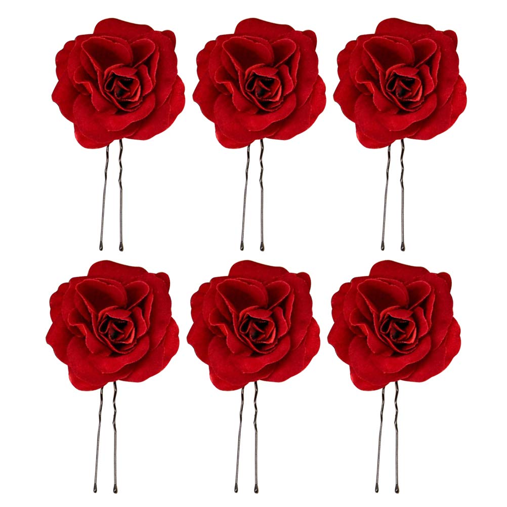 Lurrose 6pcs Red Rose U-Shaped Hair Pins - Bridal Hair Sticks for Wedding, Bridesmaid Hair Accessories, Updo Hair Clips - Perfect for Weddings, Prom, Parties & Special Occasions