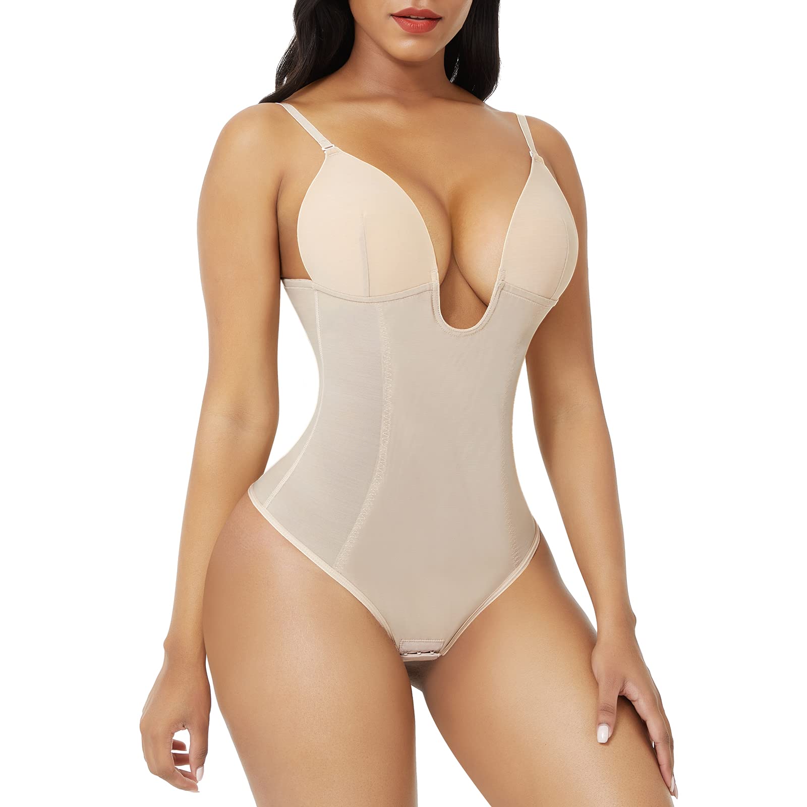 FeelinGirl Women's Tummy Control Shapewear Bodysuit - U Plunge Thong Waist Trainer Corset | Colombian Fajas for Slimming & Body Shaping | Perfect for Dresses, Workouts & Special Occasions