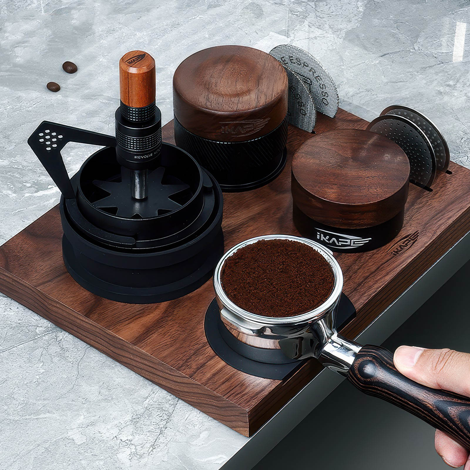 Premium Black Edition Wooden Coffee Tamper & Distributor - Barista Tool for Espresso Machine, Perfect for Home & Professional Coffee Brewing