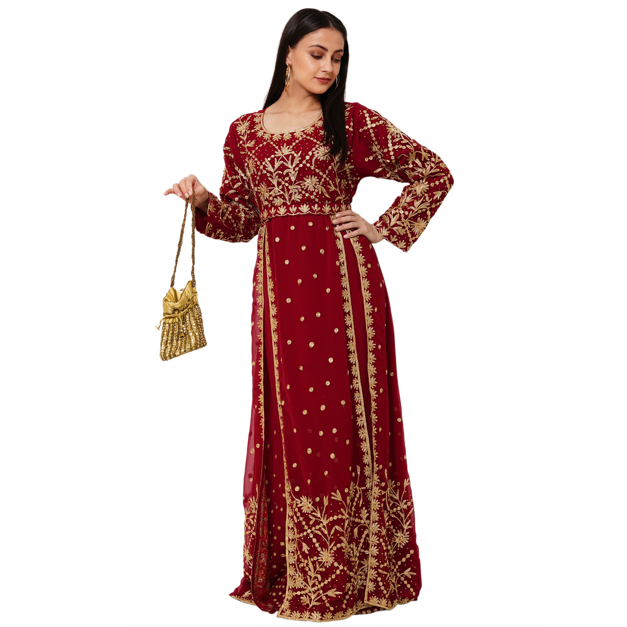 Elegant Arabian Gown for Cocktail Party - Long Sleeve Flowy Maxi Dress for Women, Perfect for Evening Events, Weddings & Special Occasions