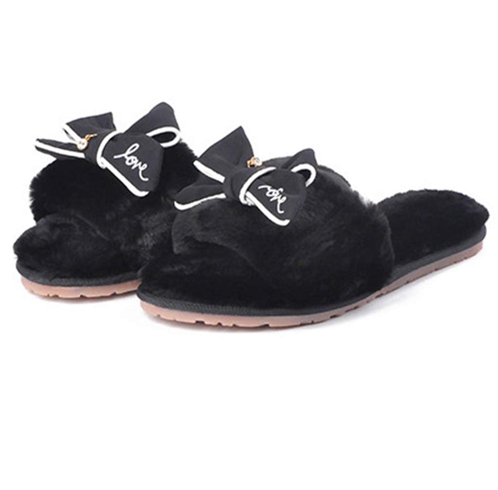 U-MAC Women's Non-Slip Faux Fur House Slippers with Bow Knots - Soft Indoor Bedroom Slides & Comfortable Flat Flip Flops for Home, Spa, and Relaxation
