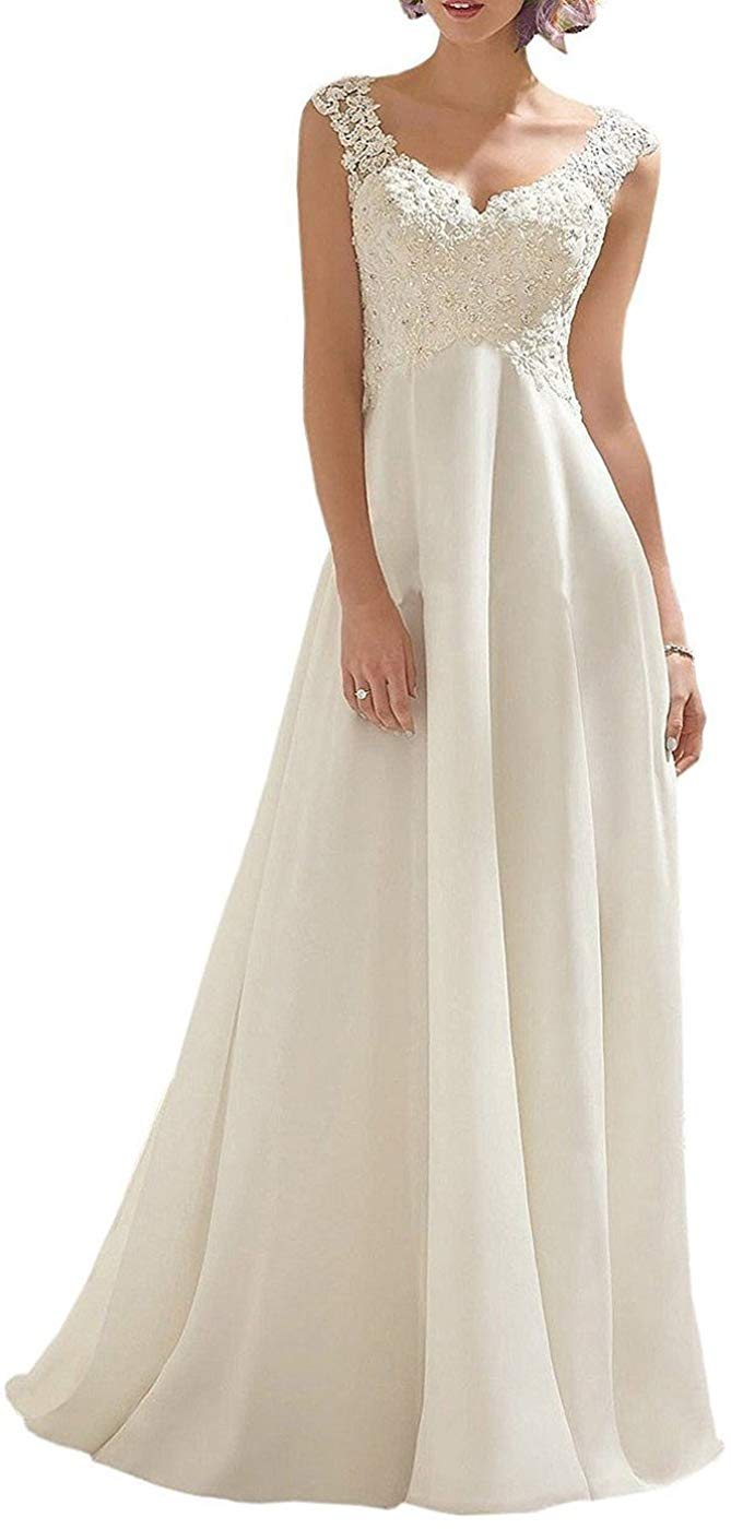 Ieuan Women's Beach Wedding Dress - V-Neck Lace Appliques Chiffon A-Line Bridal Gown for Destination Weddings & Romantic Beach Ceremonies