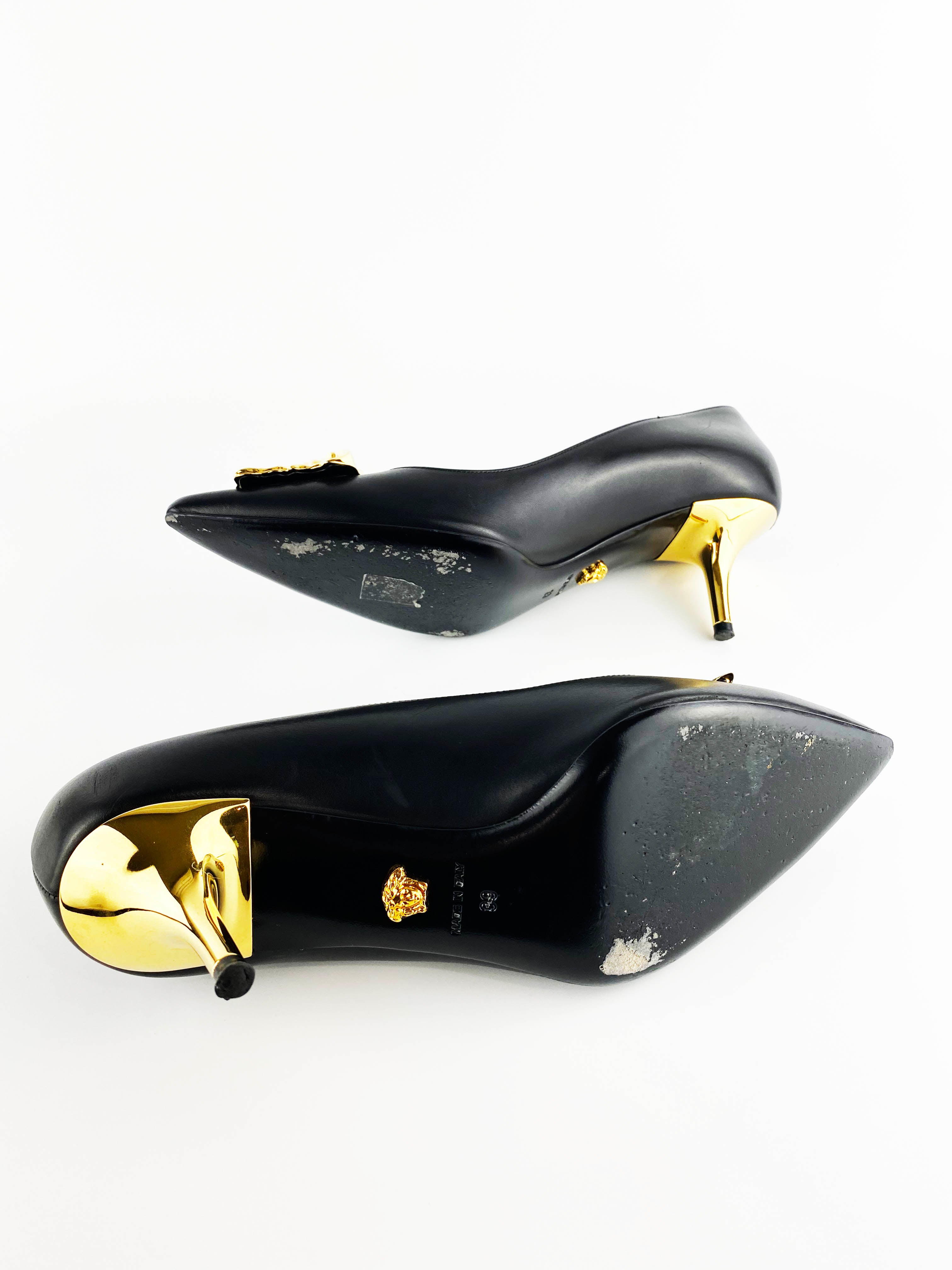 Versace Black & Gold Medusa Head Kitten Heels - Women's Size 39 Luxury Designer Pumps for Parties, Weddings & Evening Events