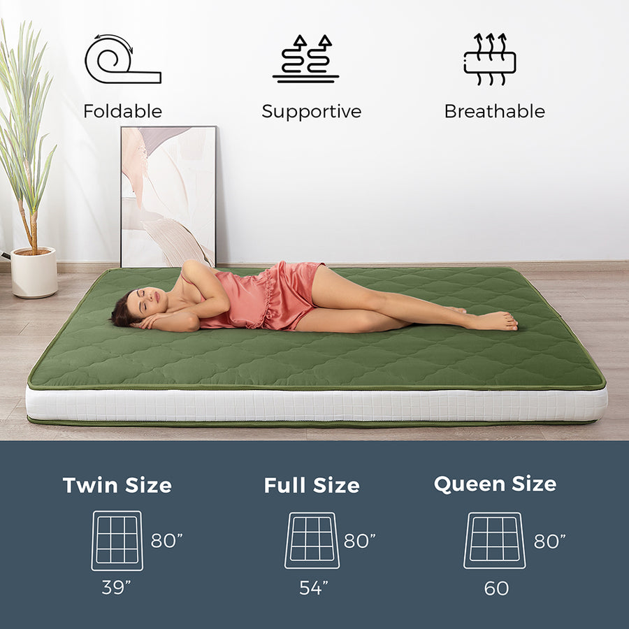 MAXYOYO Diamond Patterned Padded Japanese Floor Mattress - Extra Thick Quilted Mattress Topper in Green | Perfect for Guest Beds, Meditation & Small Spaces