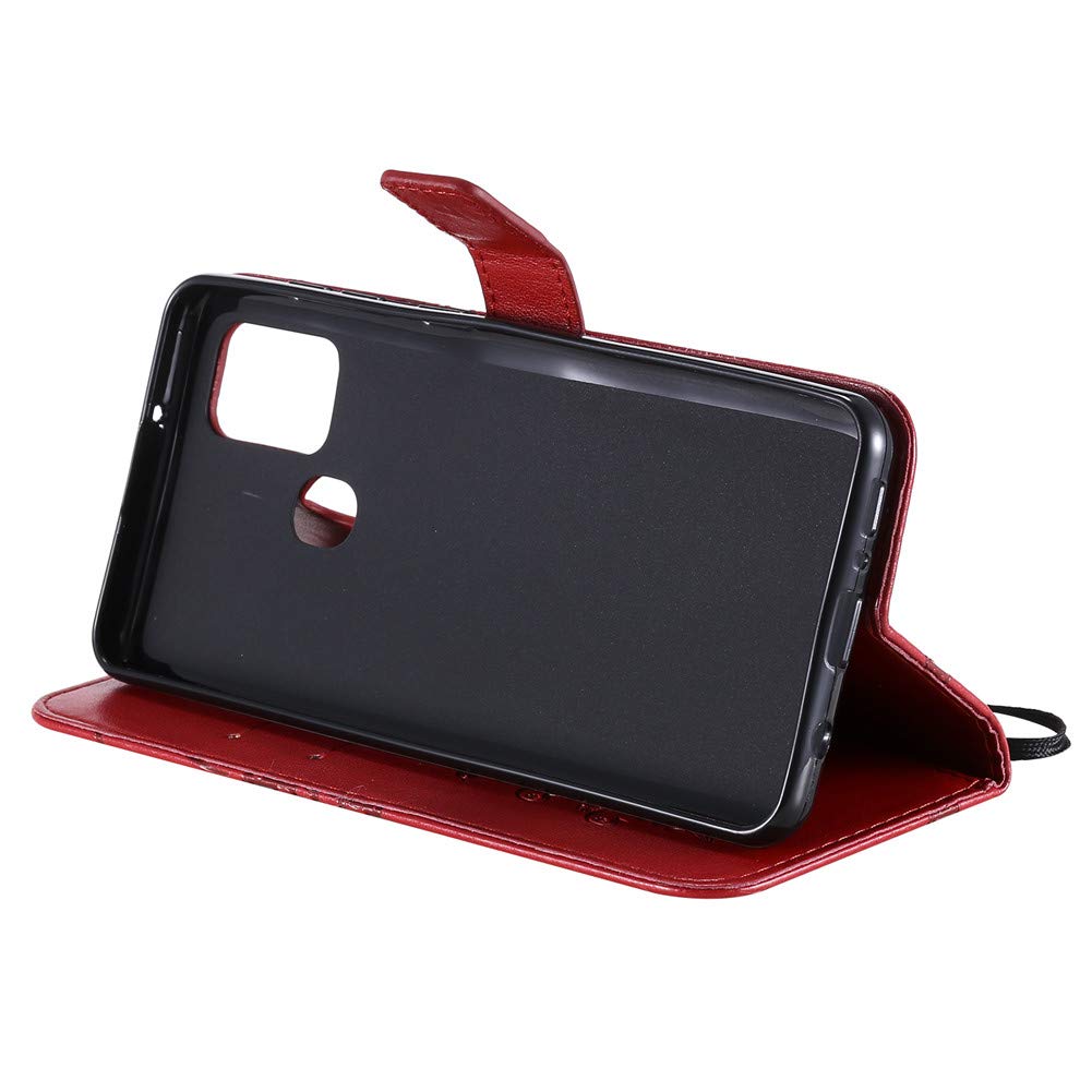 Samsung Galaxy A21S Case - Butterfly Embossed Magnetic Clasp Wallet Cover with Hand Strap | Slim Protective Phone Case for Women | Perfect for Daily Use, Travel & Work (Red)