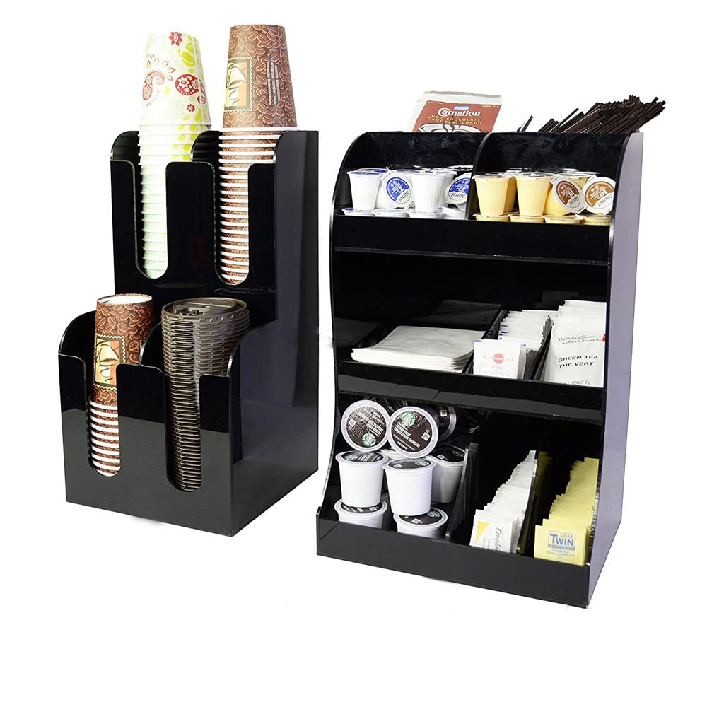 2-Piece Coffee Condiment Organizer Set with 4-Column Cup & Lid Holder - Professional Coffee Station Organizer for Countertops - Includes 8 Bonus Coffee Accessories - Perfect for Home Kitchens & Coffee Shops