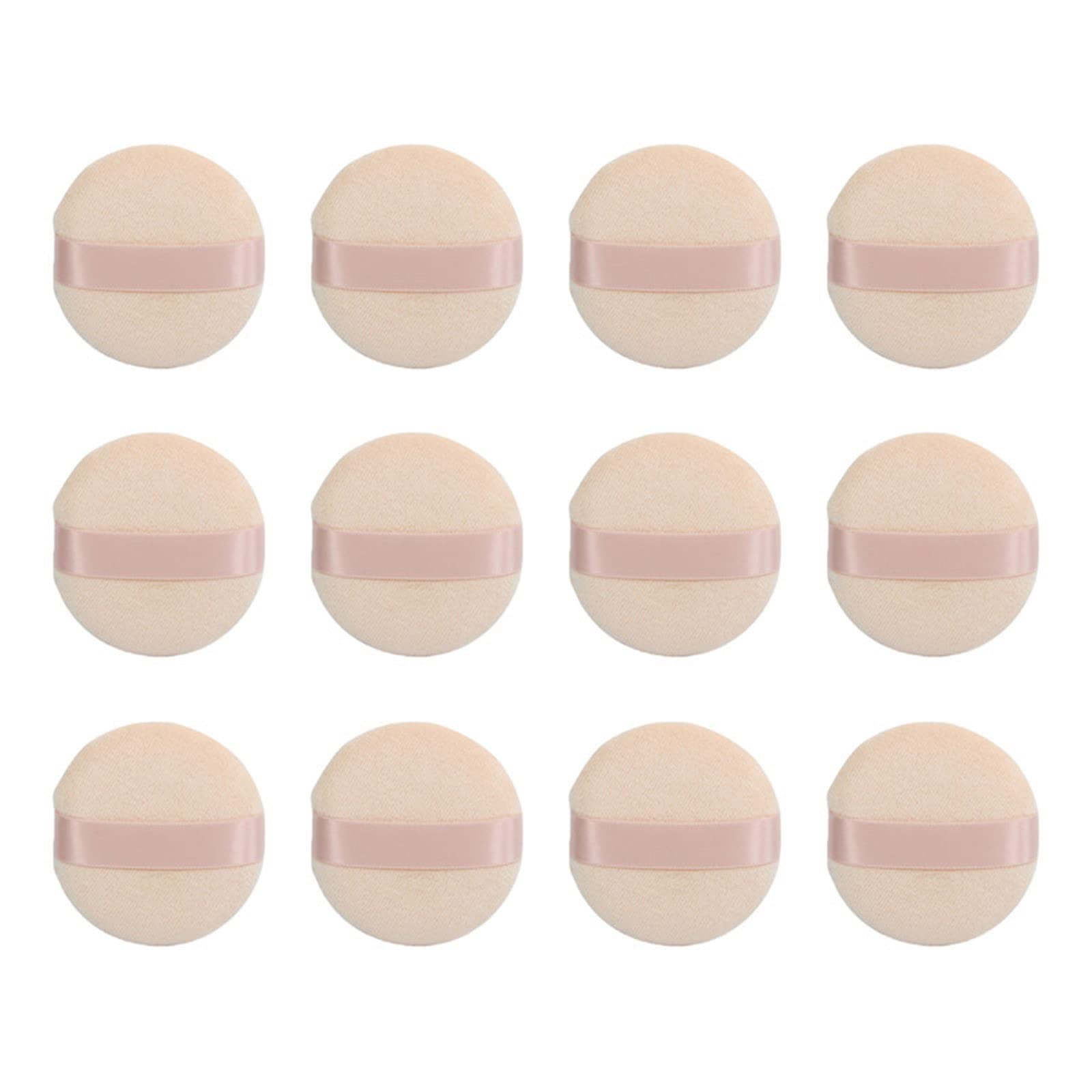 12-Piece Round Powder Puff Set - 3.4 Inch Reusable Cotton Sponge Puffs with Ribbon Handle for Face & Body Makeup - Perfect for Liquid Foundation, BB Cream, and Setting Powder Application