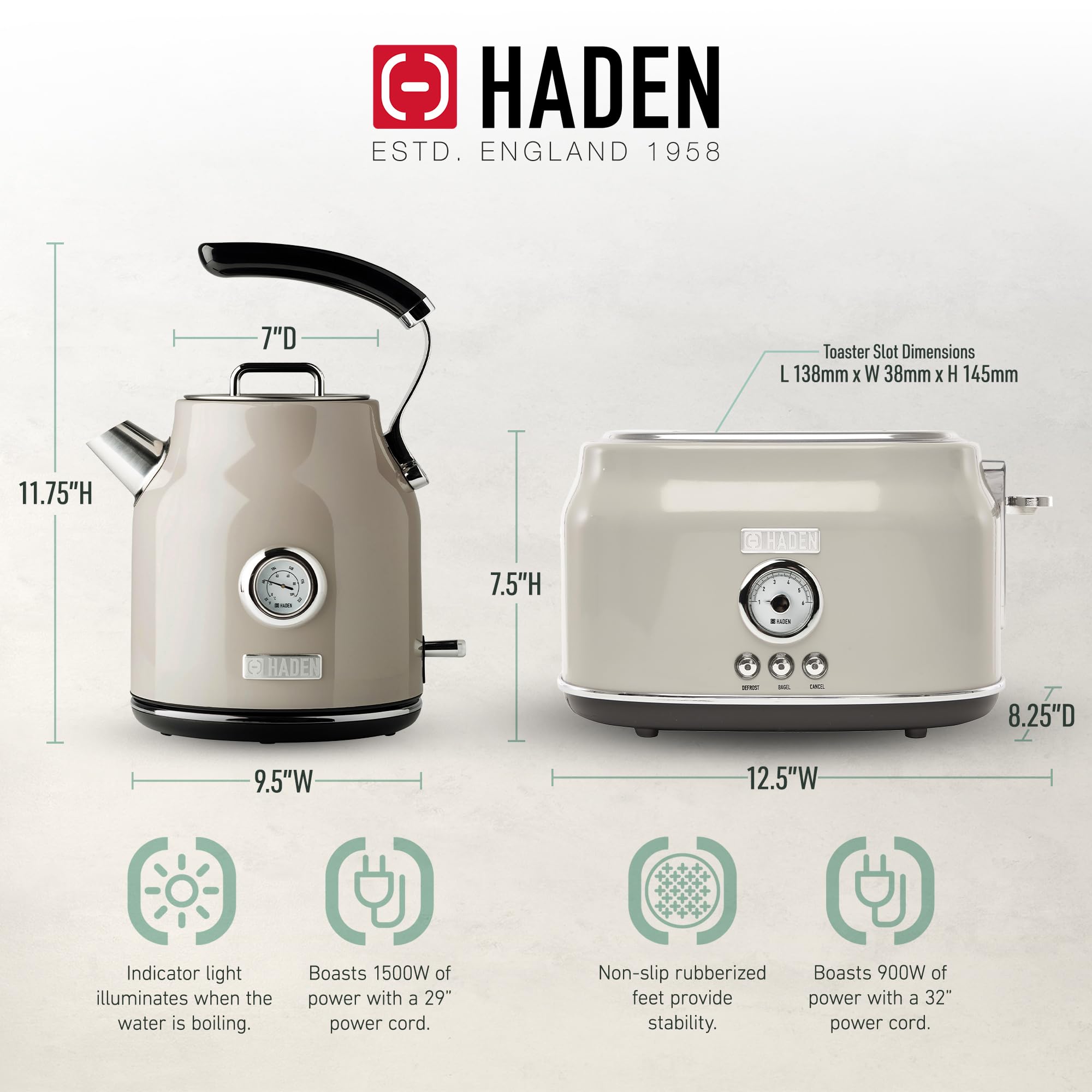 Haden Dorset 2 Slice Wide Slot Stainless Steel Toaster with 1.7L Electric Kettle Set - 360° Swivel Base, Putty & Chrome Finish | Perfect for Breakfast, Office, Dorm Room & Small Kitchens