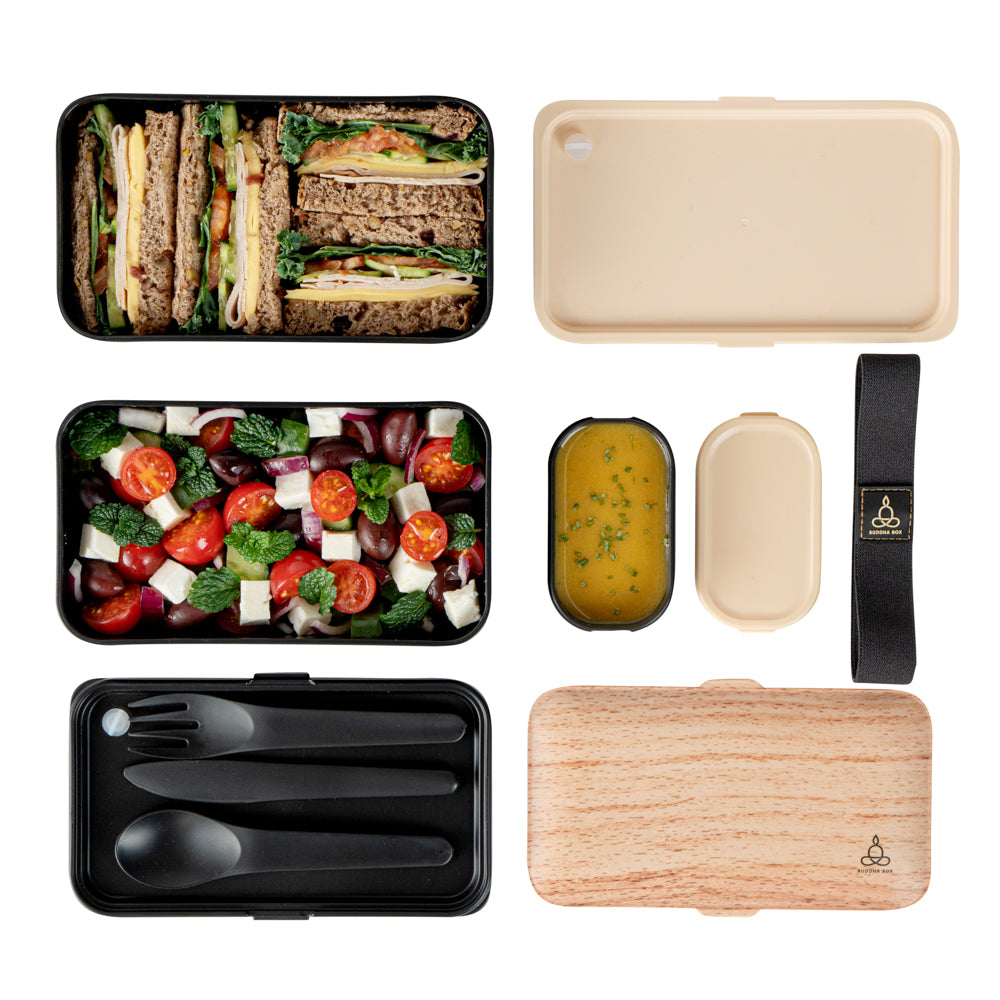 Bento Tek 41oz Wood Grain & Black Buddha Lunch Box with Utensils & Sauce Cup - 7.25