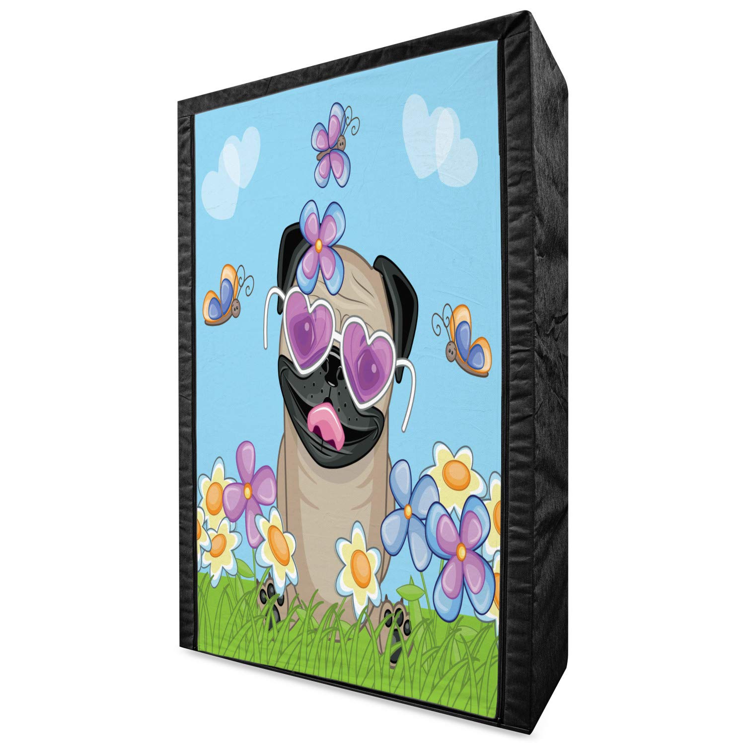 Ambesonne Pug Dog Fabric Wardrobe Closet - Portable Clothing Organizer with Shelves, 42.5 Inch, Sky Blue Multicolor - Puppy, Flowers, Butterflies & Clouds Design - Perfect for Bedroom, Closet, Dorm or Kids Room Storage