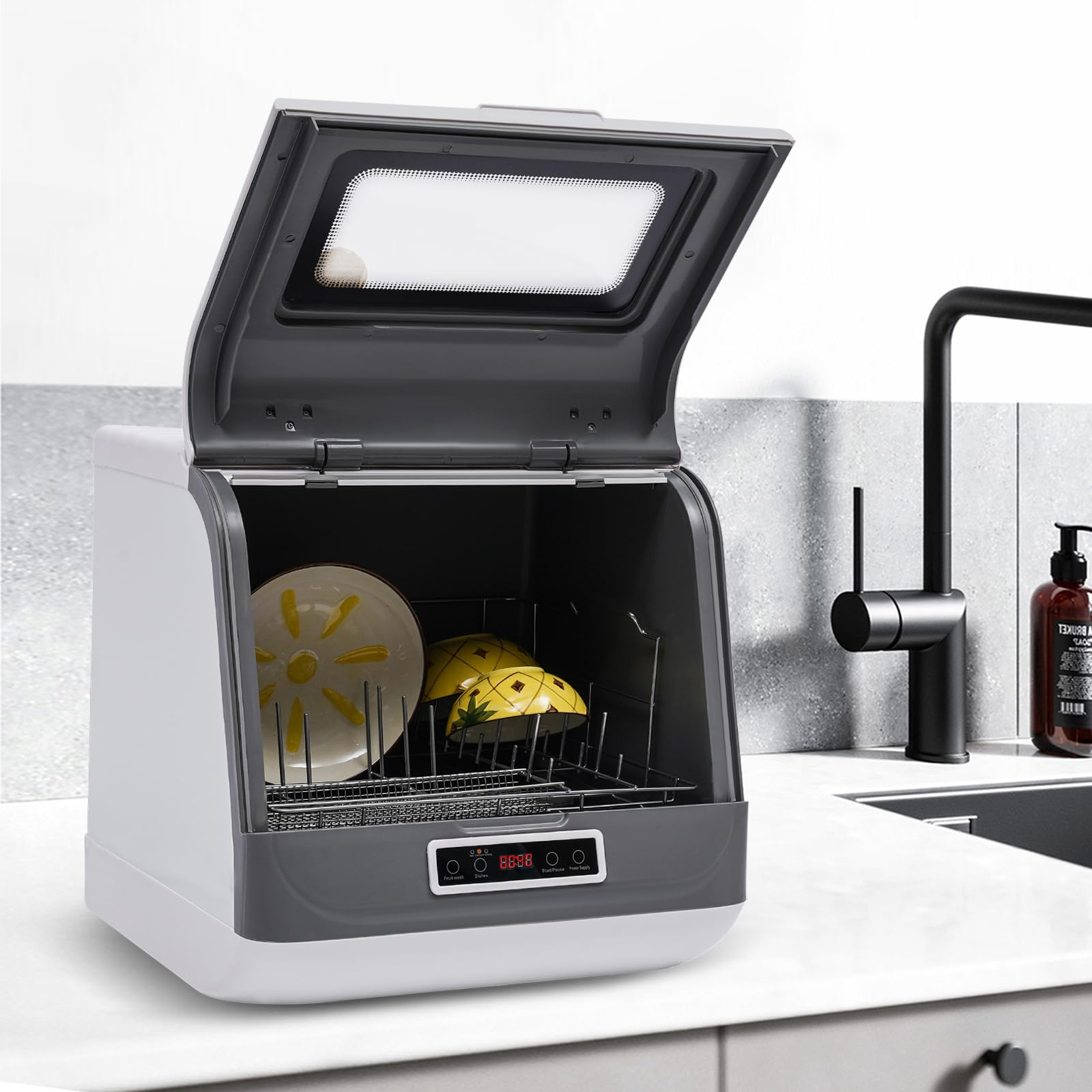 Portable Countertop Dishwasher - No Plumbing Required, Compact Mini Dishwasher with 3 Wash Programs & 75°C Hot Air Drying | Perfect for Small Kitchens, Apartments, RVs, Dorms & Office Break Rooms | Black & White (Model HG-HJ-1244)