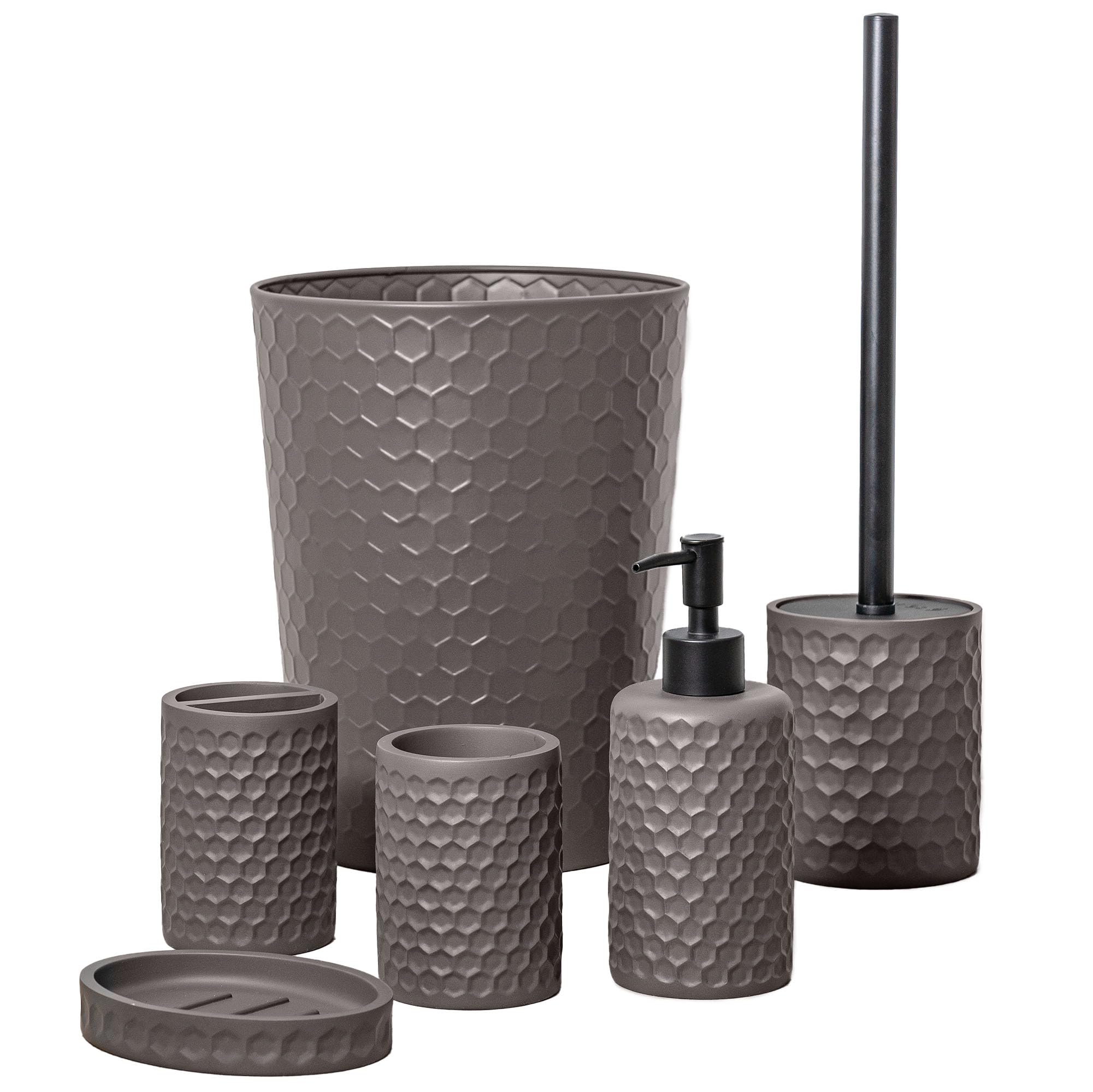 Premium 6-Piece Warm Grey Bathroom Accessory Set - Includes Trash Can, Toothbrush Holder, Cup, Soap Dispenser, Dish & Toilet Brush with Holder | Modern Bathroom Organization for Home, Apartment & Guest Bath Decor