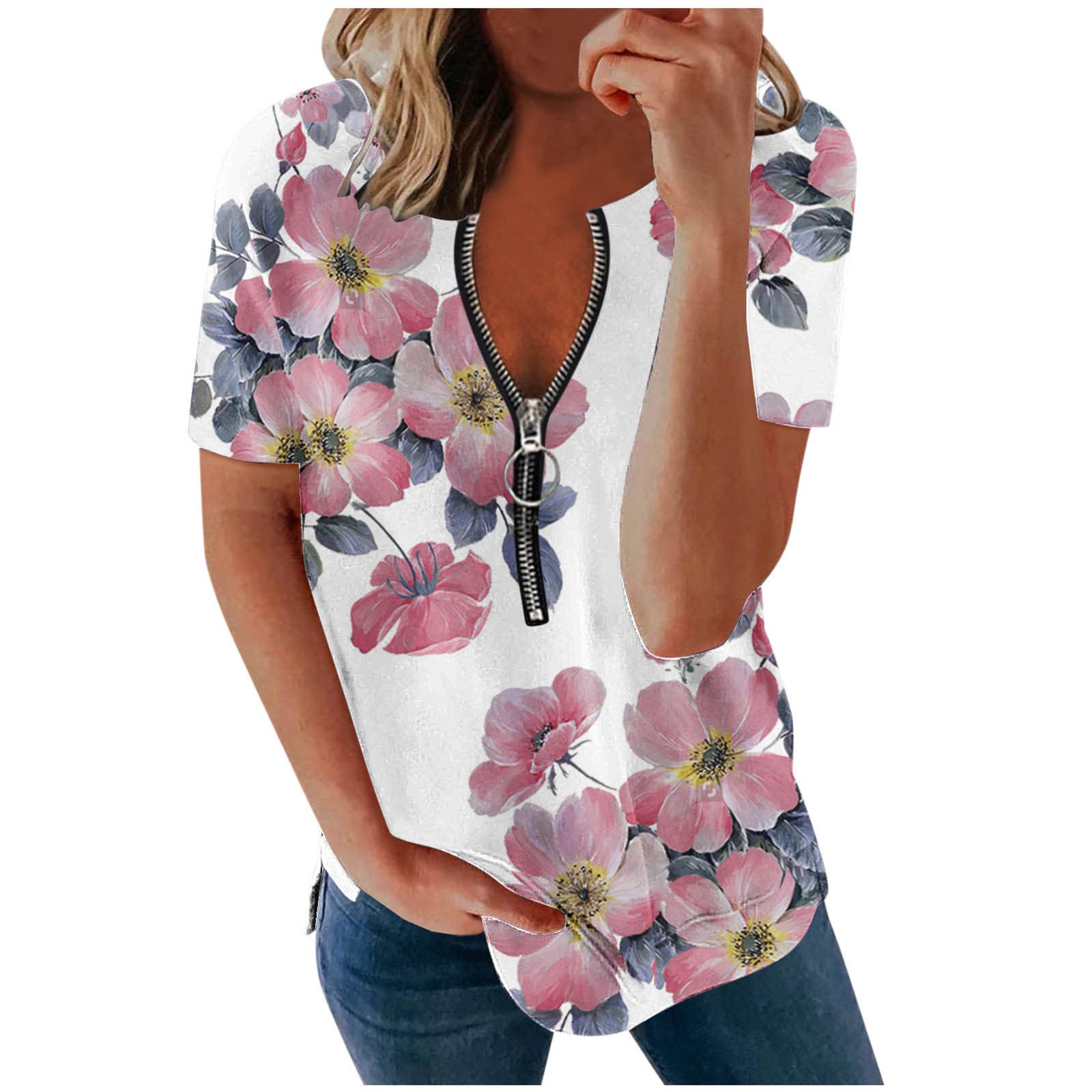 Women's V-Neck Summer T-Shirts - Feather Print Short Sleeve Tees with Zip V-Neck | Casual Wear, Beach Outfits, Vacation Essentials
