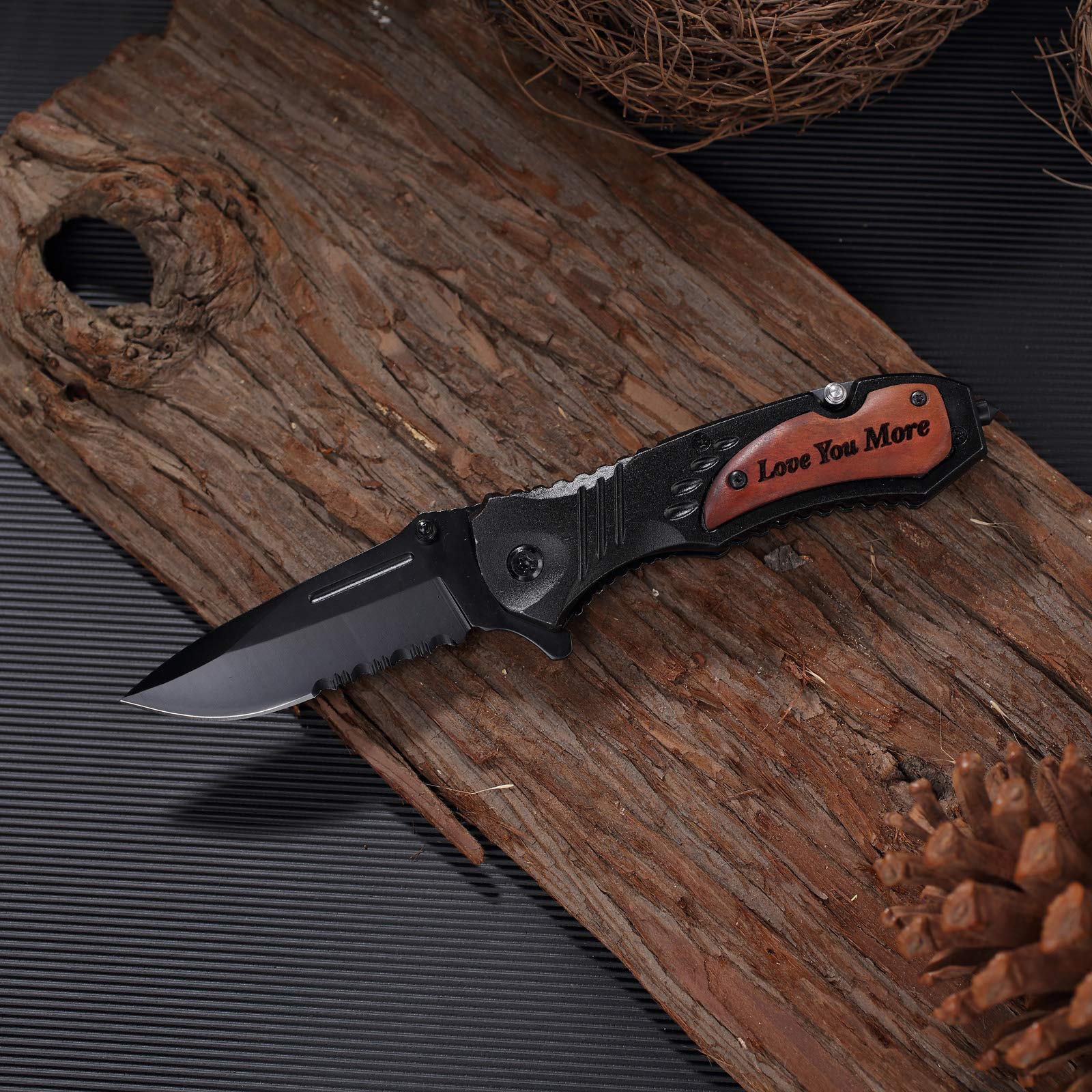 Custom Engraved Pocket Knife - Personalized Wooden Knife Gift for Men - Anniversary, Birthday, Father's Day Present for Husband, Boyfriend, Dad, Son - Great for Camping, Hiking & Everyday Carry (EDC)