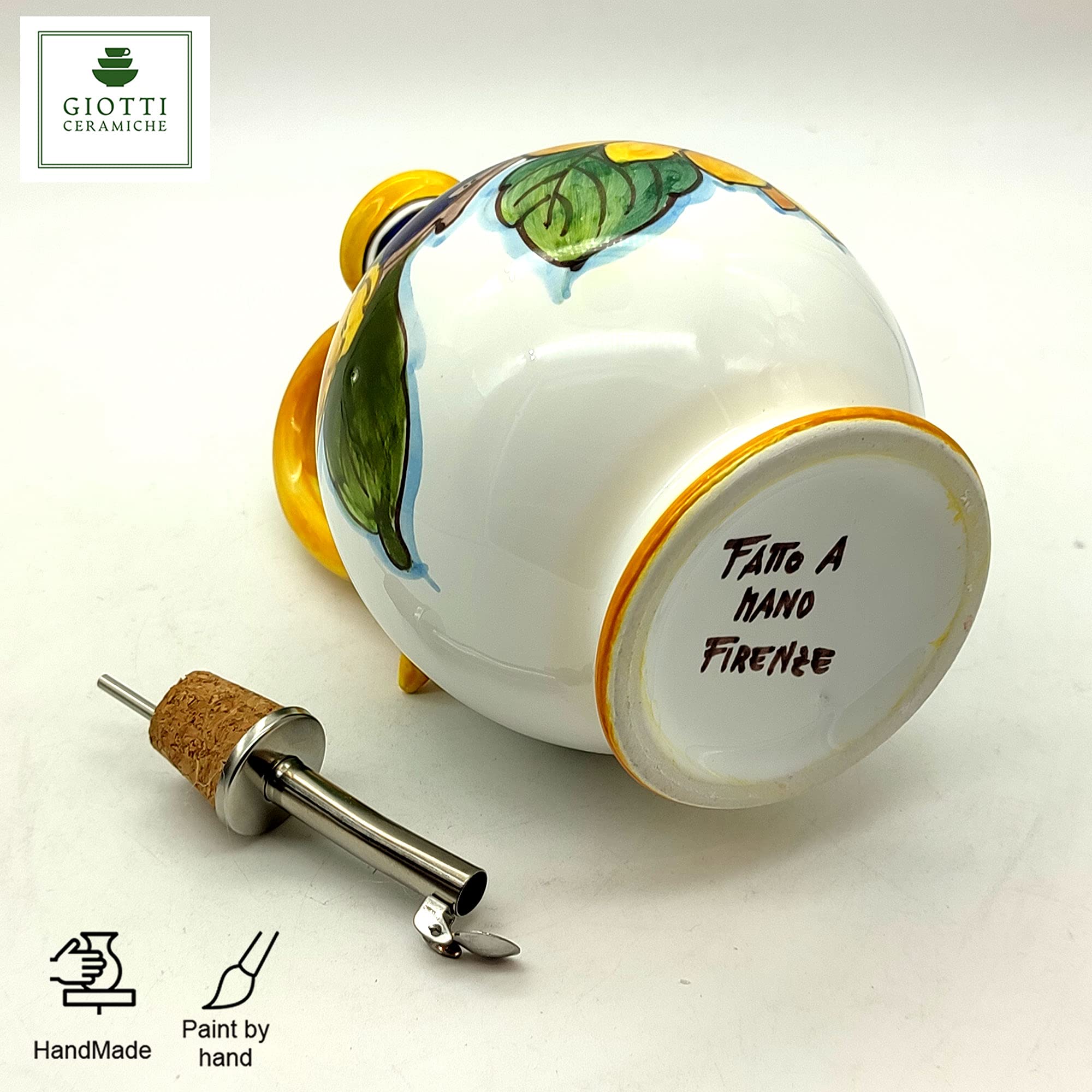 Italian Ceramic Olive Oil Dispenser Bottle XL Size 14oz - Hand Painted Tuscan Sunflower & Lemon Design - Premium Kitchen Oil Cruet - Made in Italy - Perfect for Cooking, Salad Dressing & Gourmet Food Presentation
