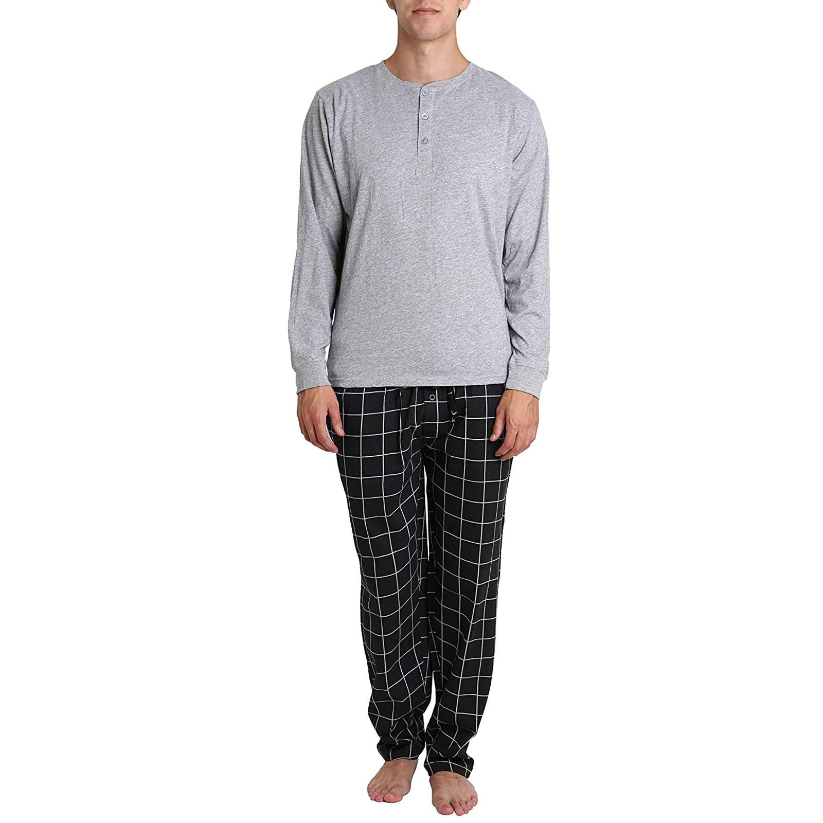 Telaite Men's Cotton Pajama Set - Soft Long Sleeve Henley Button Down Shirt & Comfortable Lounge Pants, 2-Piece Sleepwear for Relaxing at Home or Lounging