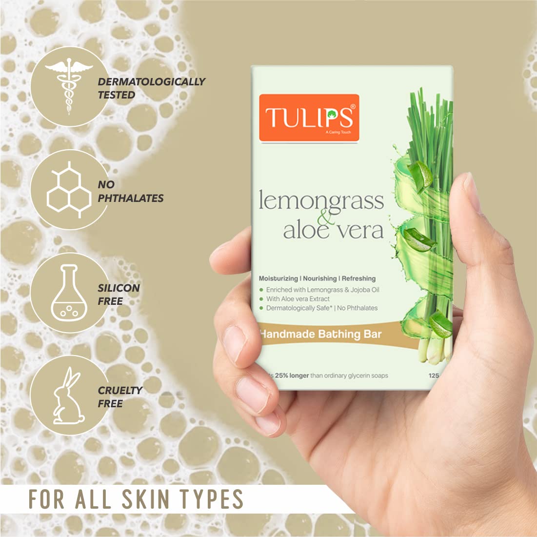 TULIPS Moisturizing Handmade Soap Bar with Lemongrass & Aloe Vera - Pack of 4 | Natural Skin Nourishing, Refreshing Bath & Shower Soap for Dry Skin Care | Perfect for Daily Use, Spa Days & Gift Giving
