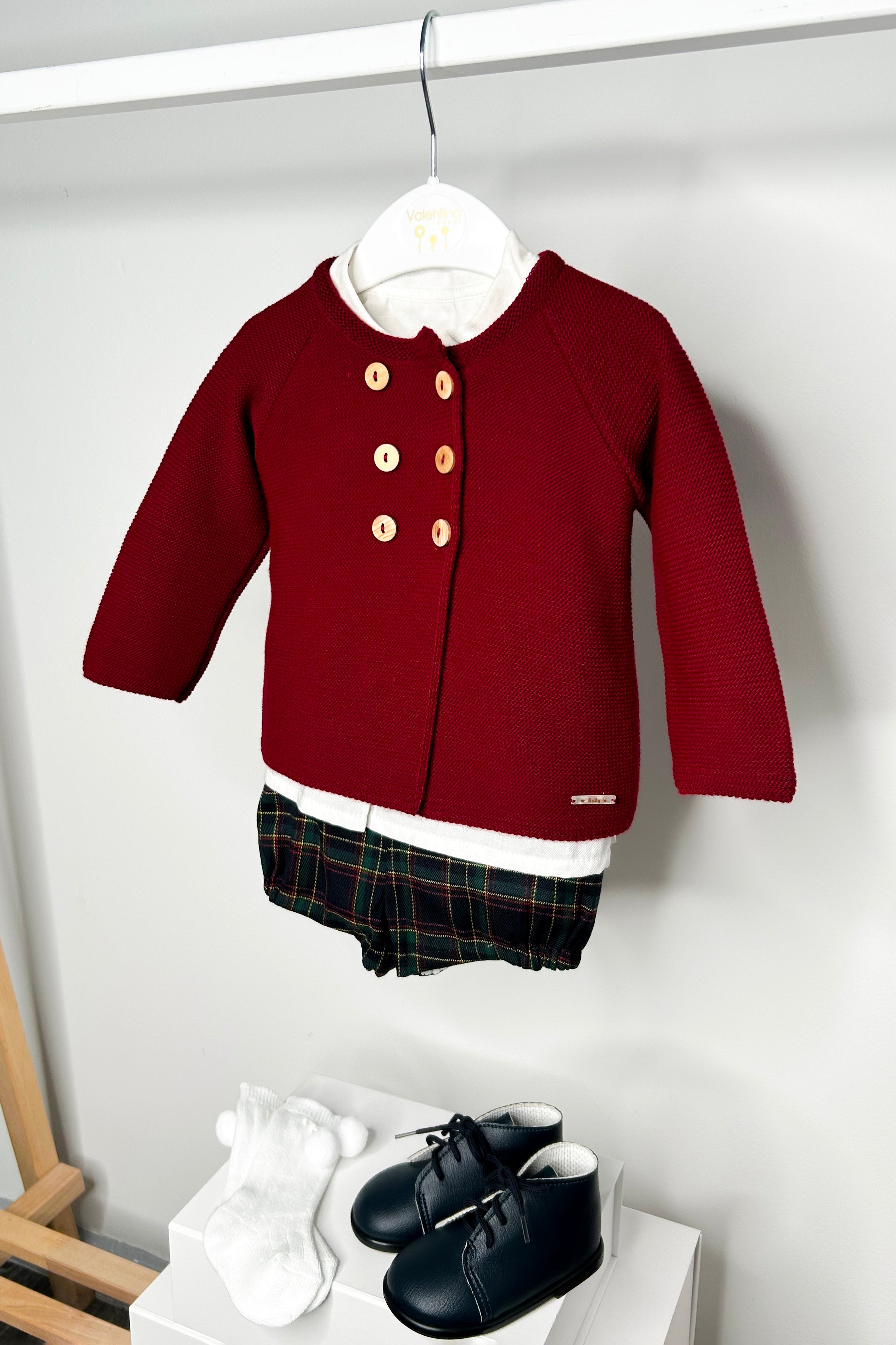 Seb Burgundy Cardigan, Button-Up Shirt & Plaid Shorts Set - Cozy Fall Outfits for Men, Casual Layered Look for Autumn Dates & Weekend Getaways