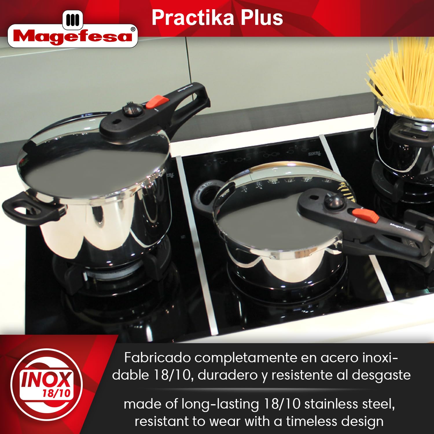Magefesa Practika Plus 8-Quart Stainless Steel Pressure Cooker - 18/10 Induction Compatible with 5-Layer Heat Diffuser & 5 Safety Systems - Perfect for Canning, Stewing & Fast Cooking in Kitchens