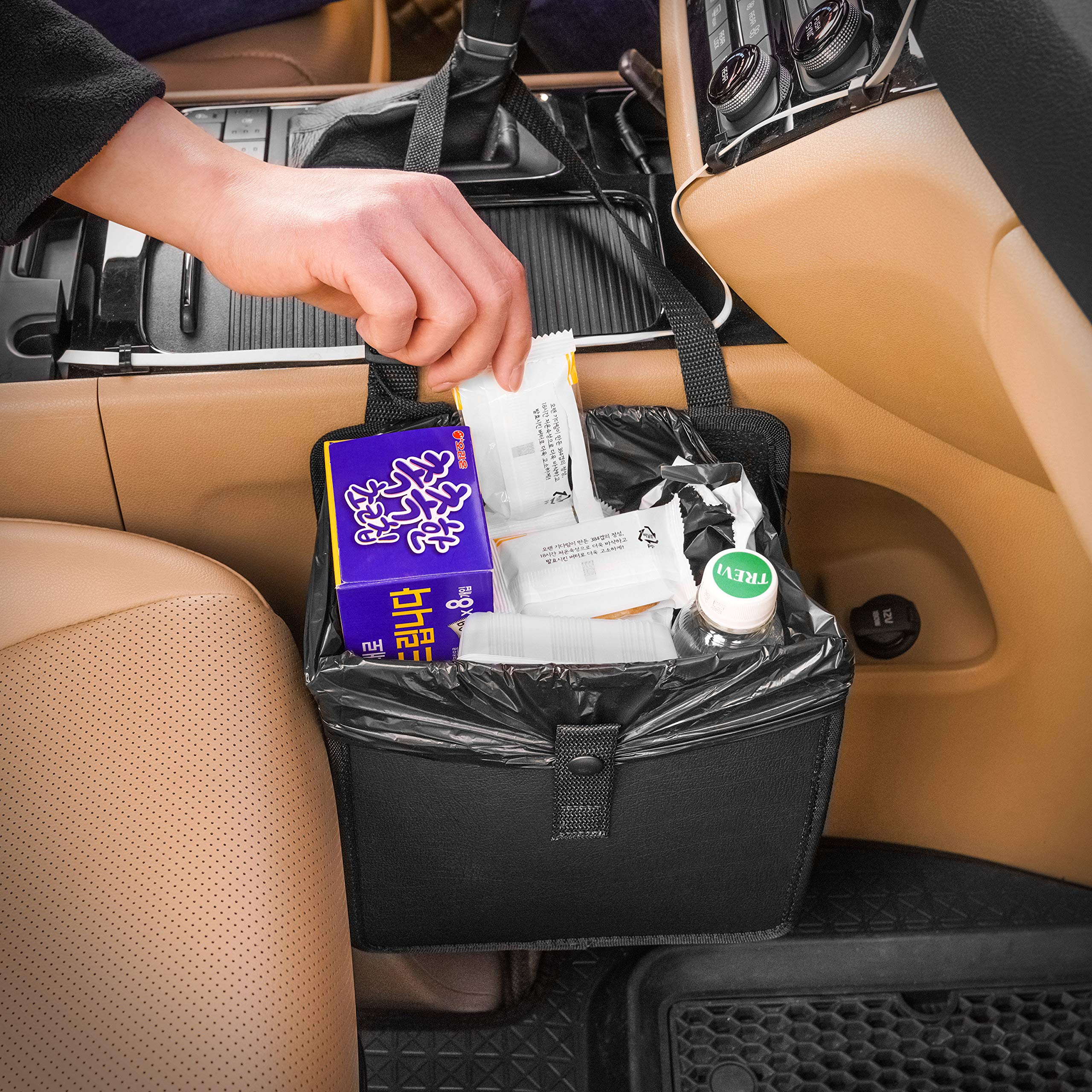 KMMOTORS Collapsible Car Trash Can - Vegan Leather Hanging Car Garbage Bin for Front & Back Seat (Medium, Black) | Perfect for Road Trips, Commuting & Keeping Your Vehicle Clean