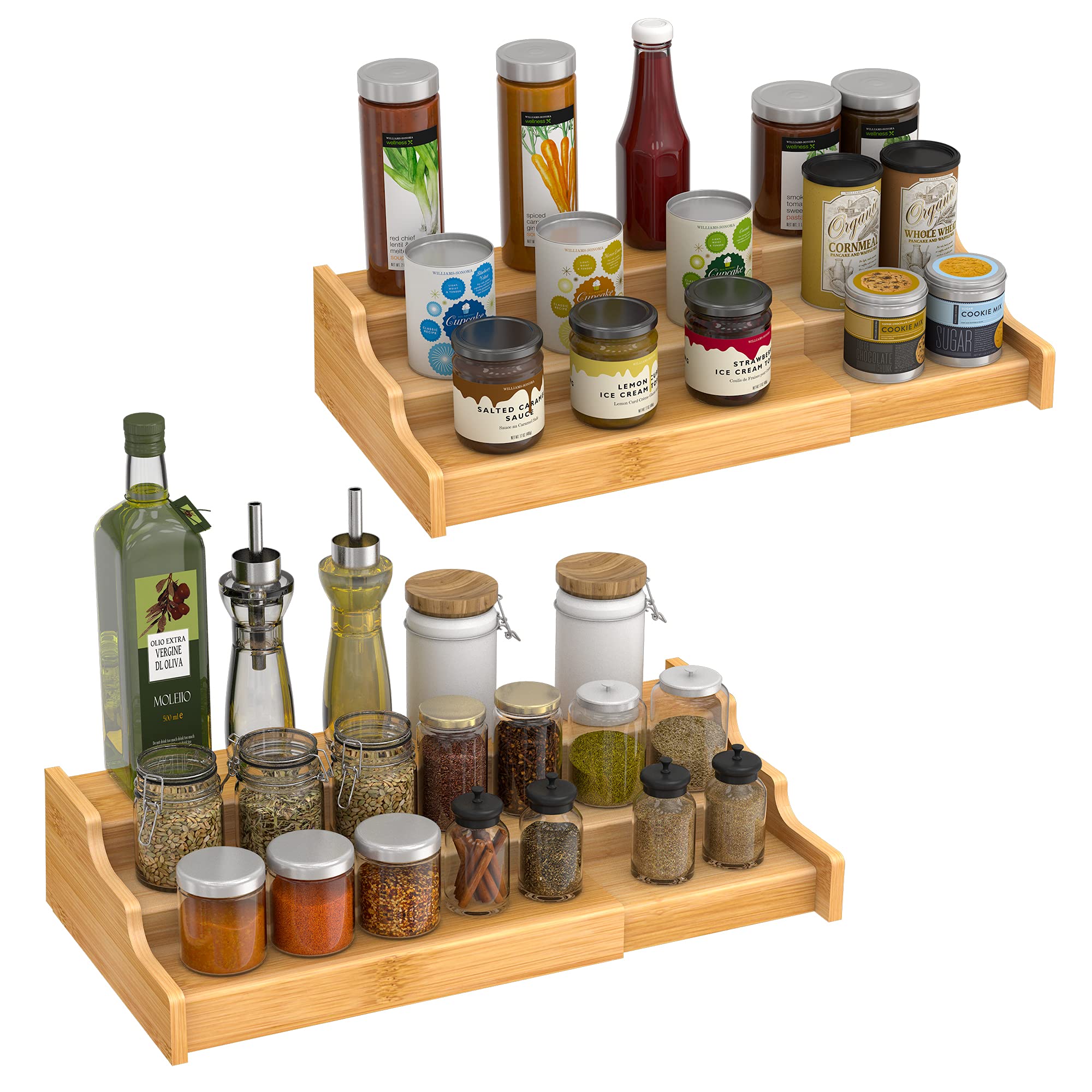 2-Pack Expandable 3-Tier Bamboo Spice Rack Organizer for Kitchen Cabinet, Pantry & Countertop - Perfect for Storing Spices, Seasonings & Small Kitchen Essentials