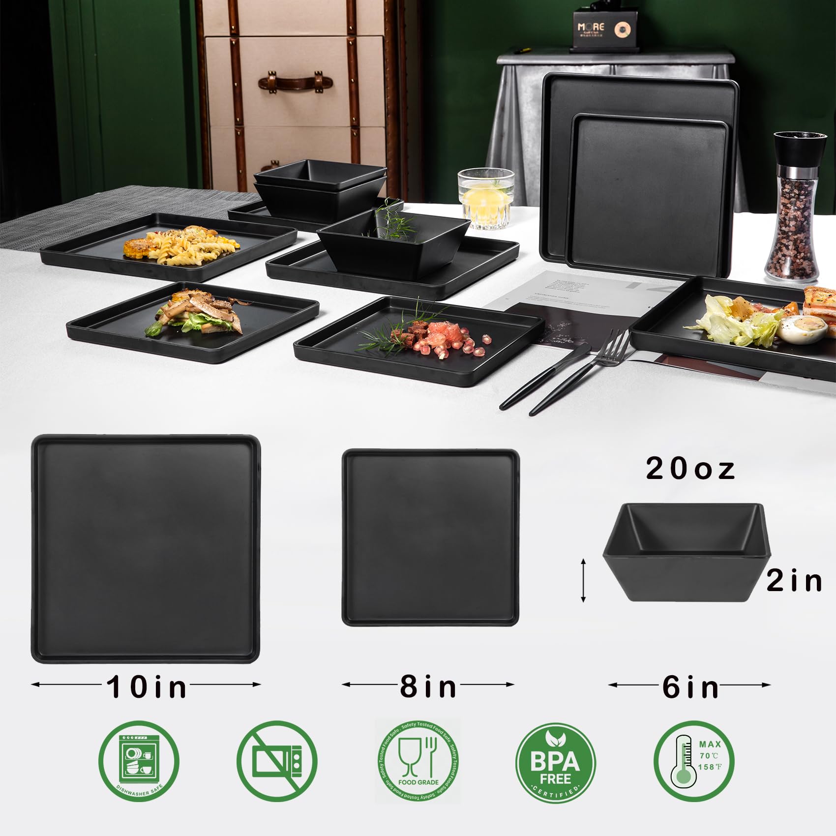 Premium 12-Piece Melamine Dinnerware Set - Durable Square Plates & Bowls in Elegant Black | Perfect for Outdoor Dining, Picnics, Camping & Everyday Use