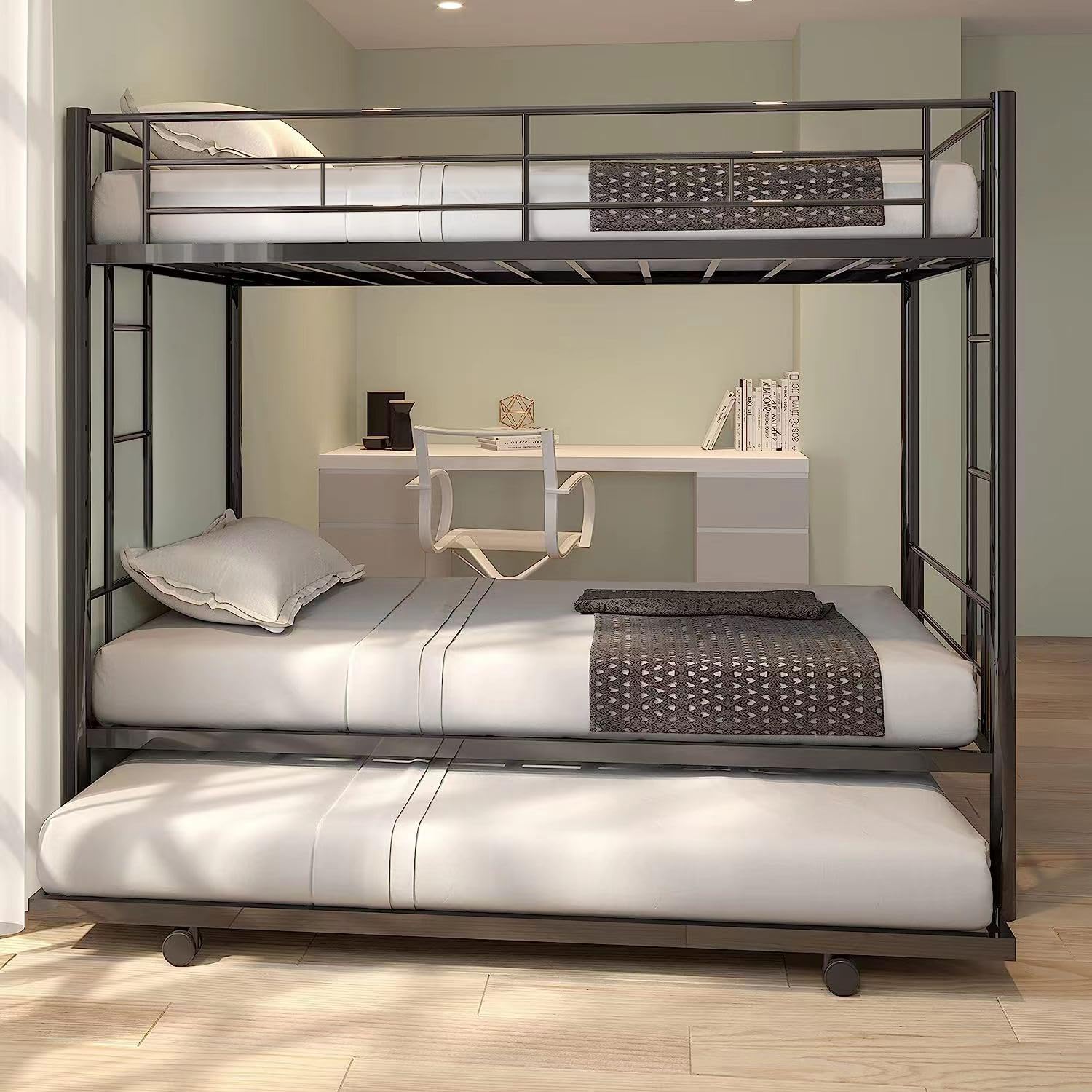 EMKK Twin Over Twin Metal Bunk Bed Frame with Trundle - Sturdy Guard Rail & Dual Ladders for Kids/Adults - Converts to 3 Separate Beds - No Box Spring Needed - Quiet Design for Dorm Rooms, Bedrooms & Small Spaces