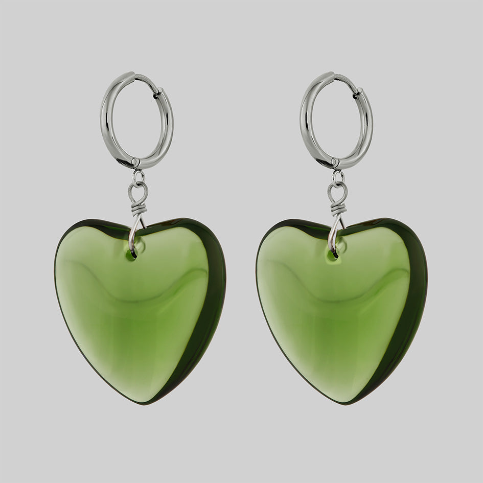 MINNA. Large Green Glass Heart Hoop Earrings in Silver - Elegant Dangle Earrings for Women, Perfect for Valentine's Day, Date Night & Special Occasions