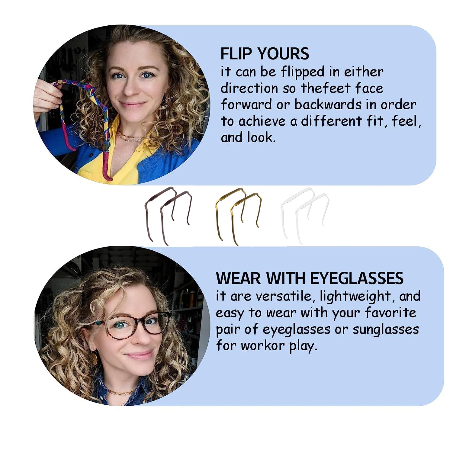 2PCS Fashionable Sunglasses Headband for Women & Men - Curly Hair Hoop Hairbands with Square Frame, Adds Volume & Style Without Headache (Black) - Perfect for Beach, Outdoor Activities & Fashion Accessories
