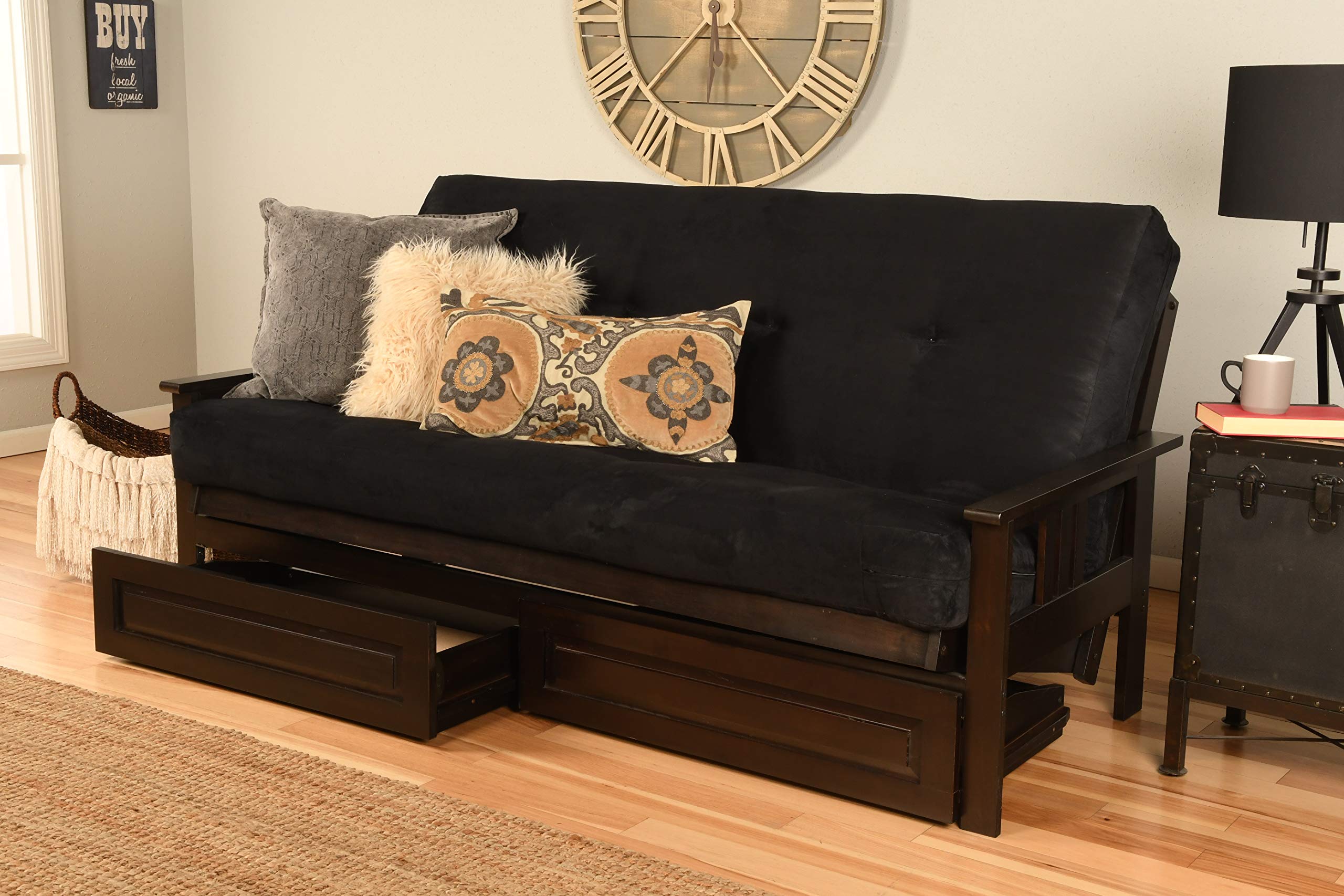 Eldorado Full Size Futon Sofa Bed with Espresso Finish Frame & Coil Mattress - Black Mattress with Storage Drawers | Perfect for Small Spaces, Guest Rooms & Apartments