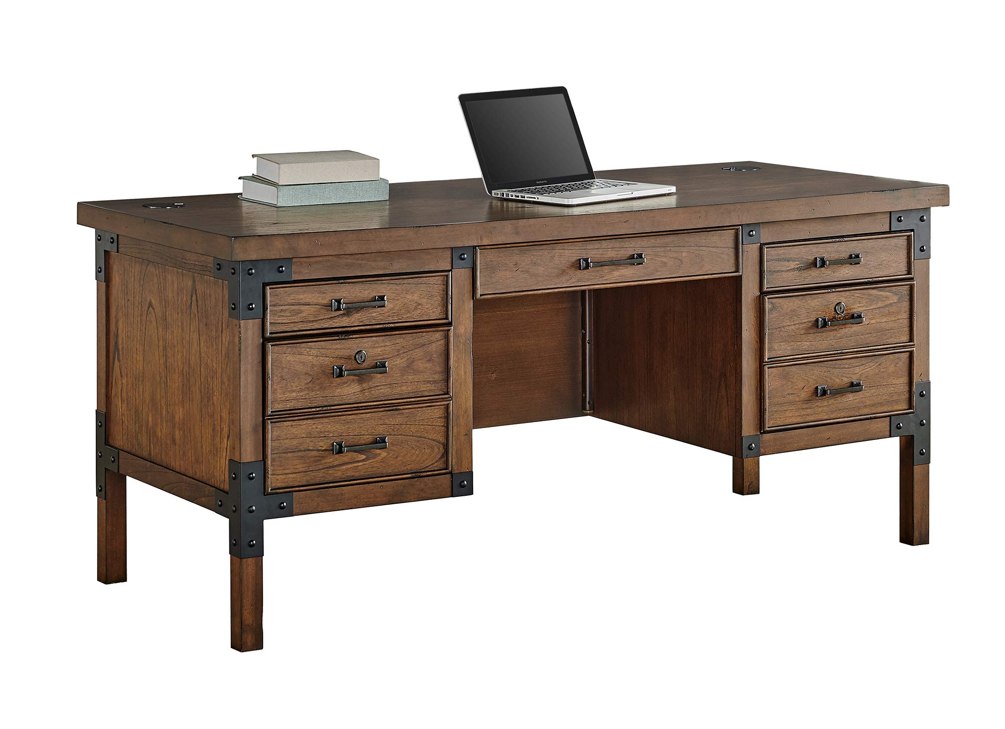 Martin Furniture HALF PEDESTAL DESK - Solid Wood Executive Office Desk with File Drawer, Brown Finish - Perfect for Home Office, Study Room & Small Workspace