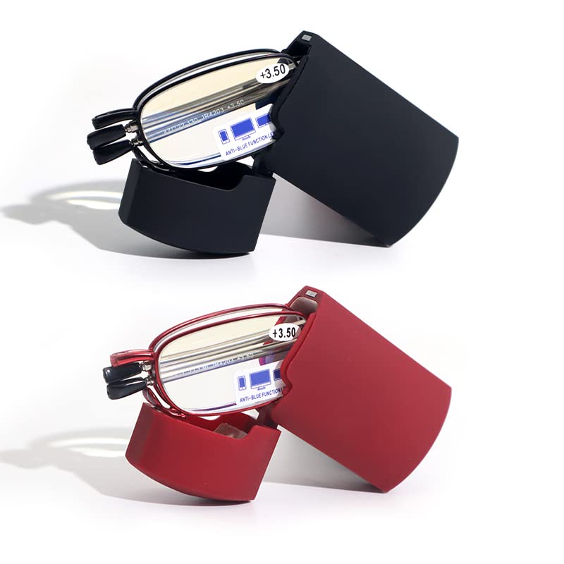 Reading Glasses 2 Pack - Black & Red Folding Readers for Men & Women - Compact Lightweight +2.0 Magnification with Protective Case - Perfect for Reading Books, Using Phones & Working on Computers