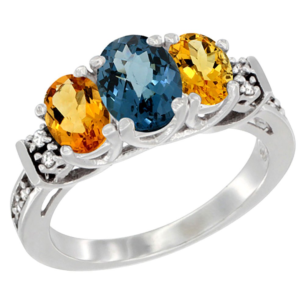 14K White Gold Natural London Blue Topaz & Citrine Ring with 3-Stone Oval Diamond Accent - Size 5 to 10 | Elegant Birthstone Jewelry for Women, Perfect for Anniversaries, Engagements & Special Occasions